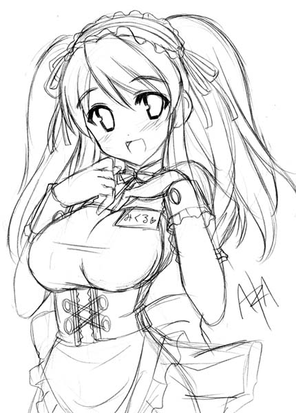 akaza, asahina mikuru, suzumiya haruhi no yuuutsu, graphite (medium), traditional media, 00s, 1girl, breasts, corset, female focus, greyscale, hairband, large breasts, lolita hairband, long hair, monochrome, name tag, official alternate hairstyle, open mouth, sketch, smile, solo, twintails, waitress, wrist cuffs