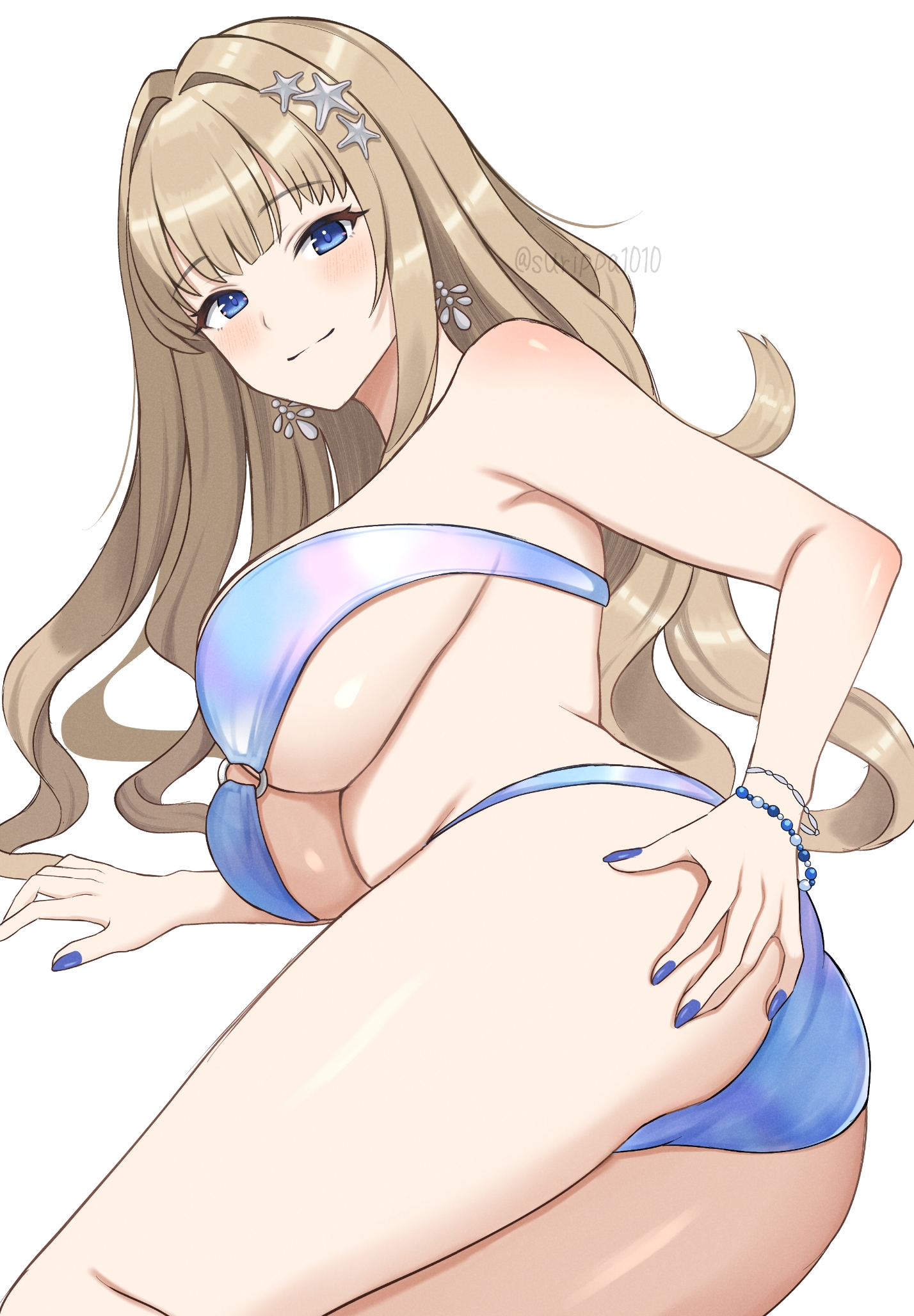 surippa1010, kirahoshi kanna, dolphin wave, commentary request, highres, 1girl, ass, bead bracelet, beads, bikini, blue eyes, blue nails, bracelet, breasts, brown hair, closed mouth, earrings, fingernails, hair ornament, jewelry, large breasts, long hair, looking at viewer, nail polish, o-ring, o-ring bikini, o-ring top, simple background, smile, solo, star (symbol), star hair ornament, swimsuit, thighs, white background