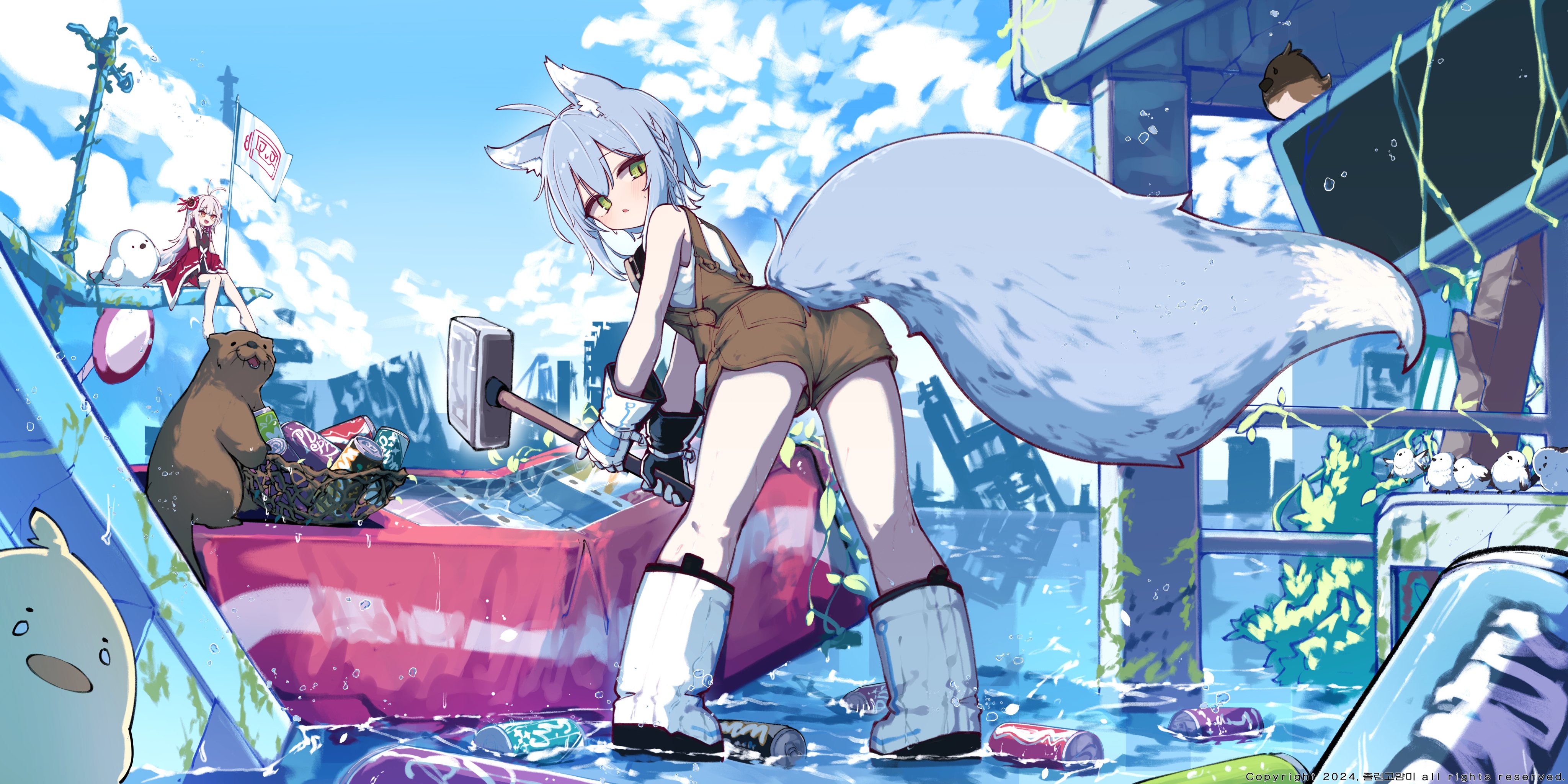 kimhiro, original, absurdres, highres, 2girls, ahoge, animal ear fluff, animal ears, antenna hair, baby animal, bare shoulders, barefoot, bird, blue fur, blue hair, boots, broken, brown overalls, chick, flood, fox ears, fox girl, fox tail, gloves, green eyes, hammer, holding, holding hammer, looking back, multiple girls, off shoulder, open mouth, otter, overalls, post-apocalypse, ruins, shirt, sitting, smile, soda, solo focus, tail, vending machine, white boots, white hair, white shirt