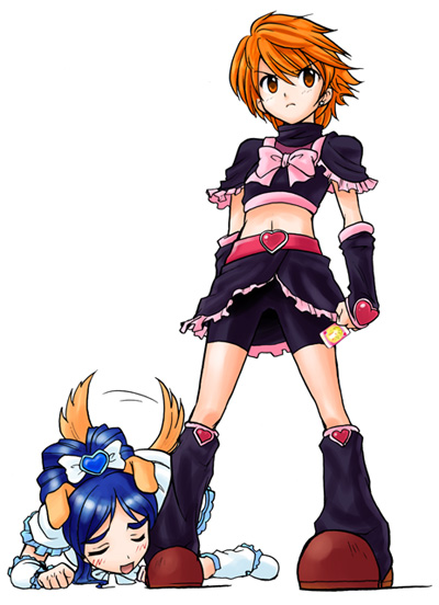 cure black, cure white, misumi nagisa, yukishiro honoka, futari wa precure, precure, 00s, 2girls, animal ears, blue hair, boots, brown eyes, card, dog ears, dog tail, earrings, half updo, holding, holding card, jewelry, kemonomimi mode, knee boots, long hair, magical girl, midriff, multiple girls, orange hair, red hair, short hair, tail, white background, yuri