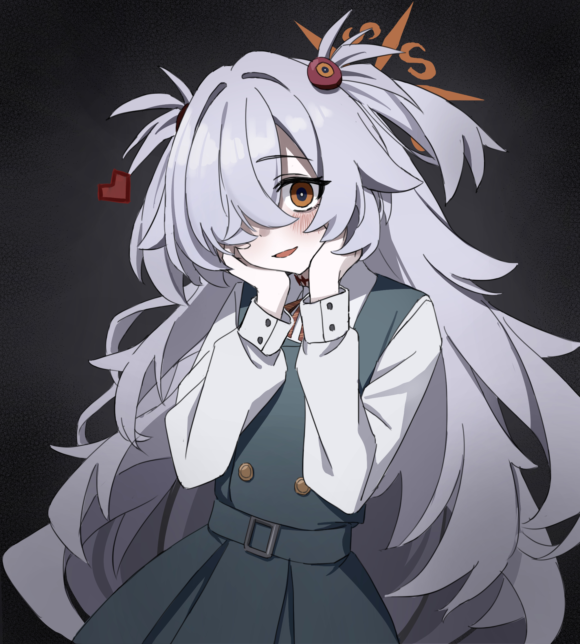doumu (31678316), kanoe (blue archive), blue archive, highres, 1girl, bags under eyes, black background, blush, brown eyes, brown halo, grey hair, hair over one eye, halo, long hair, long sleeves, looking at viewer, shirt, simple background, smile, solo, two side up, white shirt