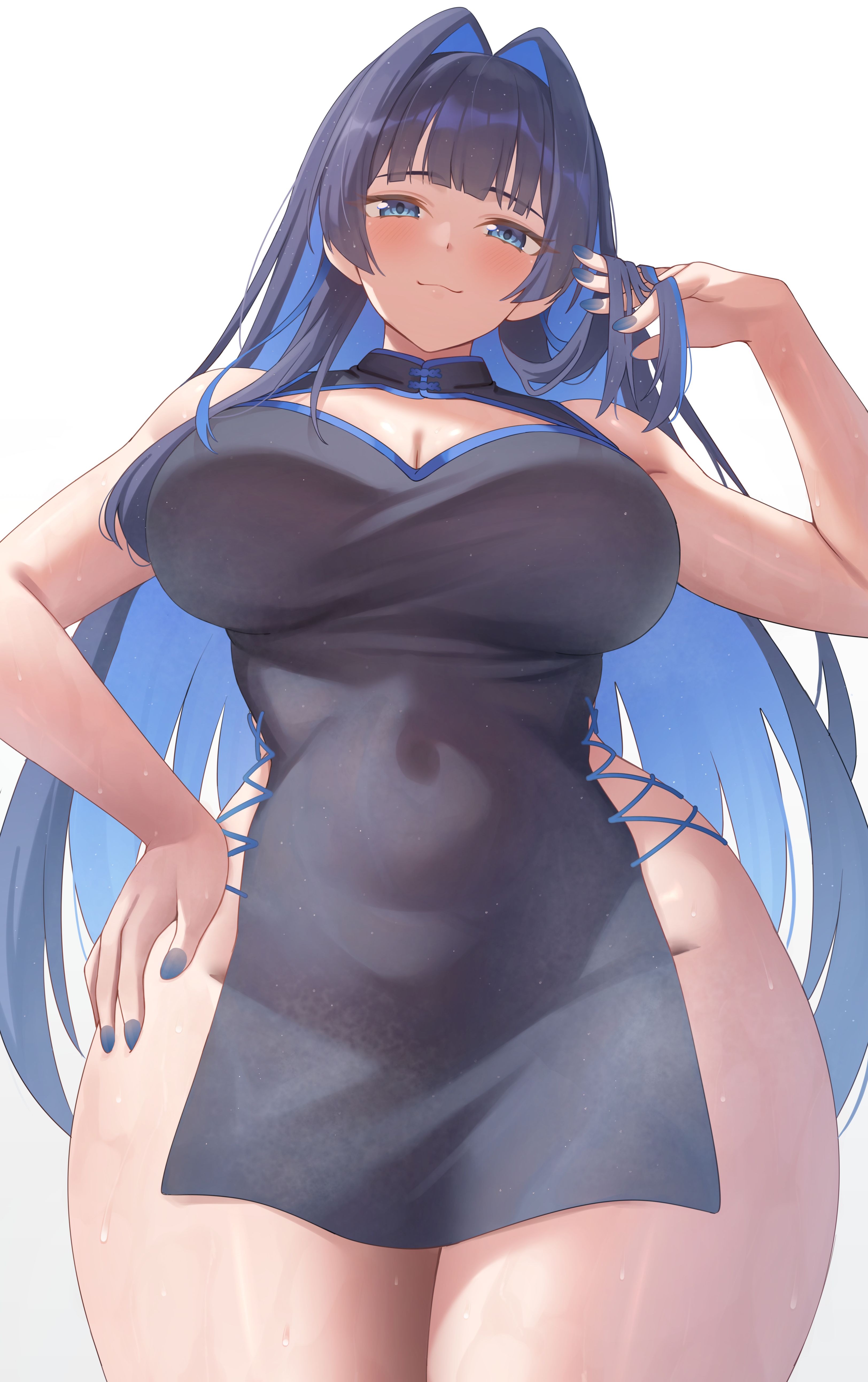 aoi zerii, ouro kronii, hololive, hololive english, absurdres, commentary, highres, paid reward available, 1girl, :3, black dress, blue eyes, blue hair, blue nails, blunt bangs, breasts, china dress, chinese clothes, cleavage, closed mouth, colored inner hair, cross-laced slit, dress, groin, hair intakes, hand in own hair, hand on own hip, hand up, large breasts, looking at viewer, multicolored hair, nail polish, official alternate hairstyle, pelvic curtain, short dress, side slit, sidelocks, simple background, solo, virtual youtuber, white background