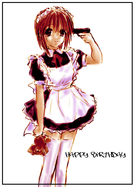 1girl, combat maid, dress, female focus, gun, gun to head, handgun, holding, holding gun, holding weapon, maid, pistol, red hair, solo, stuffed animal, stuffed toy, teddy bear, thighhighs, weapon