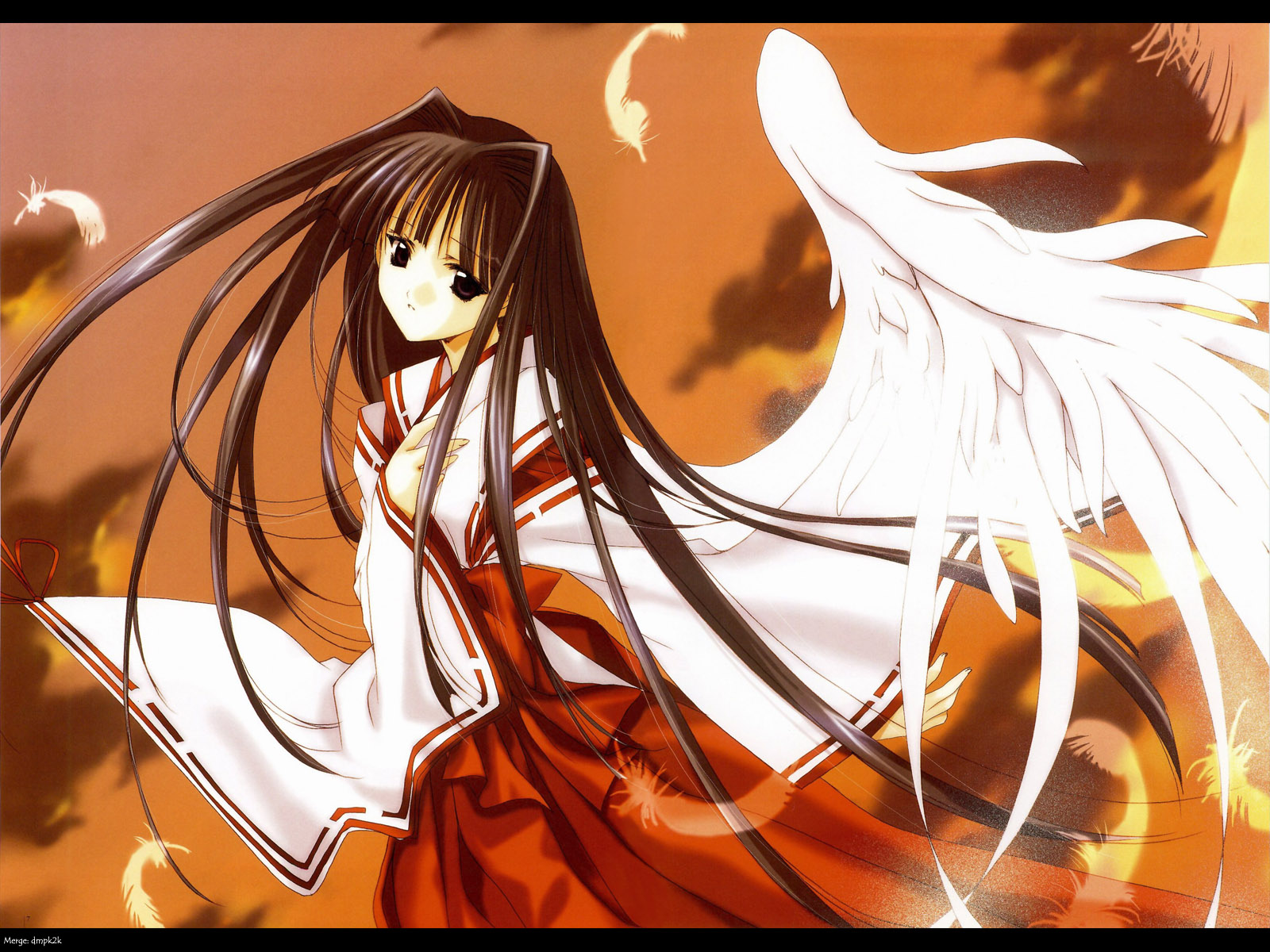 nanase aoi, kirashima marino, angel/dust neo, angel dust neo, angel flavor, artbook, highres, 1girl, female focus, hakama, hakama skirt, japanese clothes, letterboxed, miko, red hakama, skirt, solo, wings
