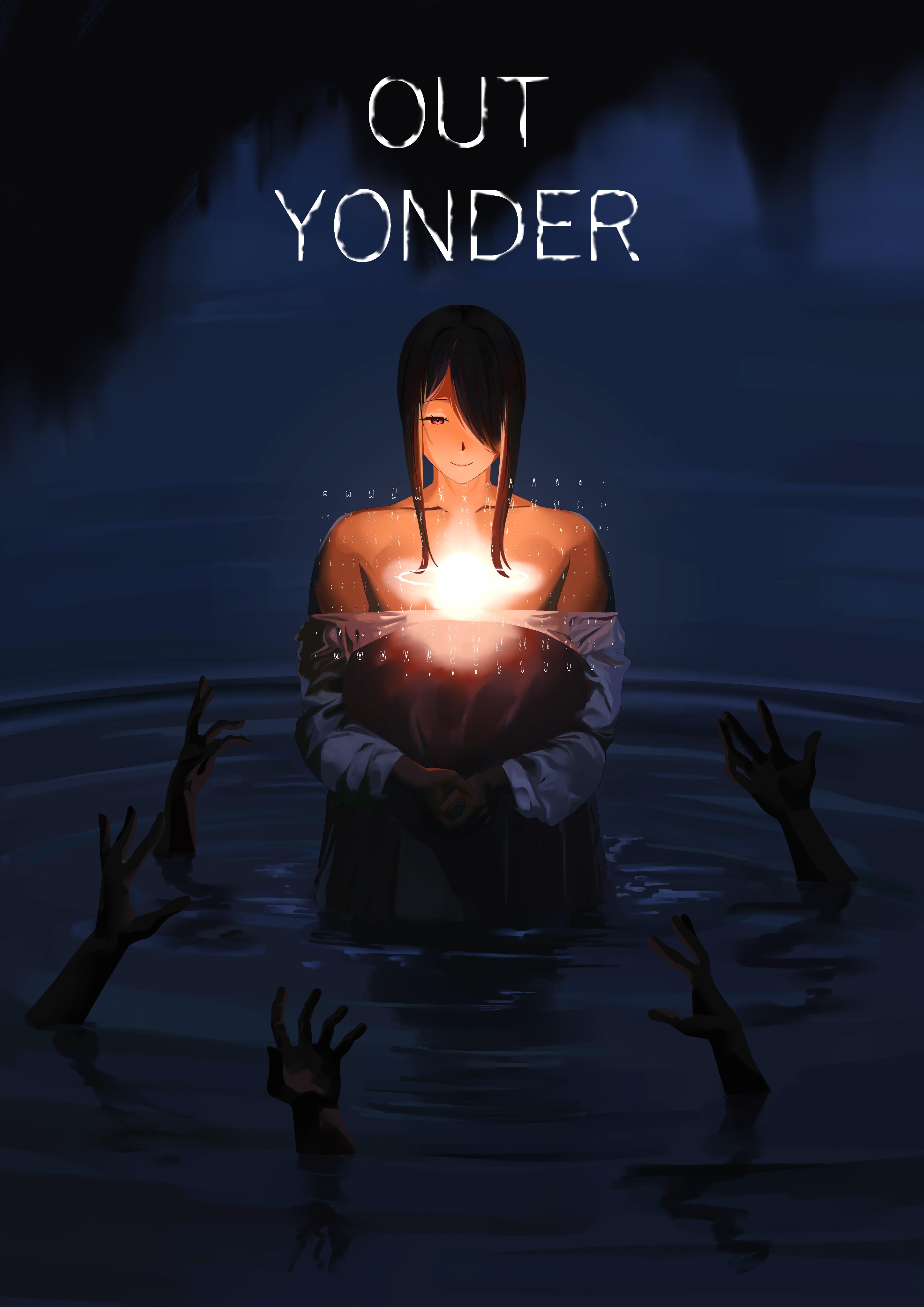 tnr (horiko1525), original, absurdres, highres, 1girl, black hair, curvy black-haired girl (tnr), dark, dress, hair over one eye, horror (theme), off-shoulder dress, off shoulder, partially submerged, reaching, red eyes, water