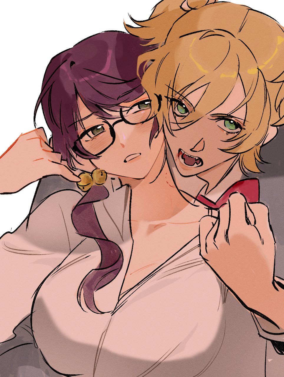 jinshu (metalmouse), daiba nana, hoshimi junna, shoujo kageki revue starlight, chinese commentary, commentary request, highres, 2girls, bell, bite mark, bite mark on neck, blush, brown eyes, fangs, green eyes, grey shirt, hair bell, hair between eyes, hair ornament, long bangs, long hair, looking at viewer, multiple girls, open mouth, orange hair, parted bangs, parted lips, purple hair, shirt, simple background, sketch, white background, yuri