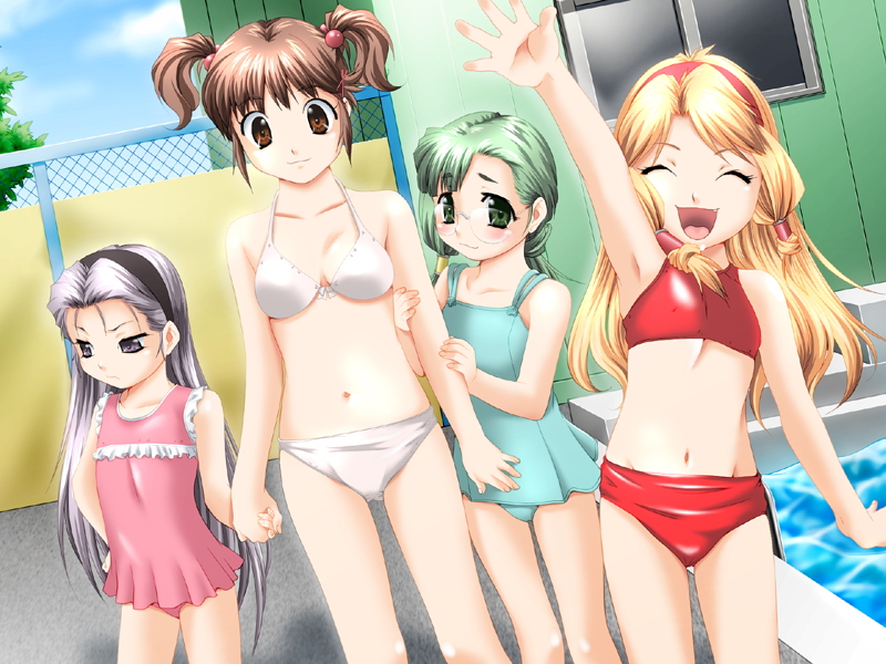 yukishiro yoshi, fujiki kanan, kanan (kami tama), mao (kami tama), miku (kami tama), suzune (kami tama), an*tique, kami tama ~kami-sama no tamago~, game cg, 4girls, bikini, blonde hair, blue eyes, blush, brown eyes, brown hair, day, glasses, green eyes, green hair, hair tubes, long hair, multiple girls, one-piece swimsuit, purple hair, swimsuit, twintails