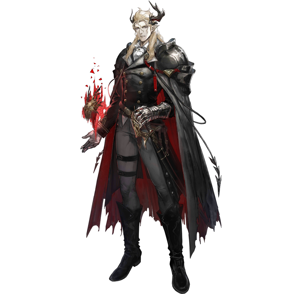 ryuuzaki ichi, manfred (arknights), arknights, official art, third-party source, 1boy, arm armor, armor, asymmetrical horns, black horns, black suit, blonde hair, boots, buttons, cape, demon boy, double-breasted, expressionless, formal clothes, full body, gloves, grey eyes, horns, light particles, long hair, muscular, muscular male, pointy ears, red cape, red pupils, sheath, sheathed, shoulder armor, suit, tachi-e, transparent background, tree horns, uneven horns