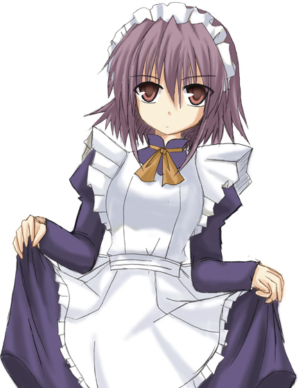 wilhelmina carmel, shakugan no shana, 00s, 1girl, apron, blue dress, dress, female focus, frills, hair between eyes, long sleeves, looking at viewer, maid, maid apron, maid headdress, purple hair, red eyes, ribbon, short hair, simple background, solo, white background