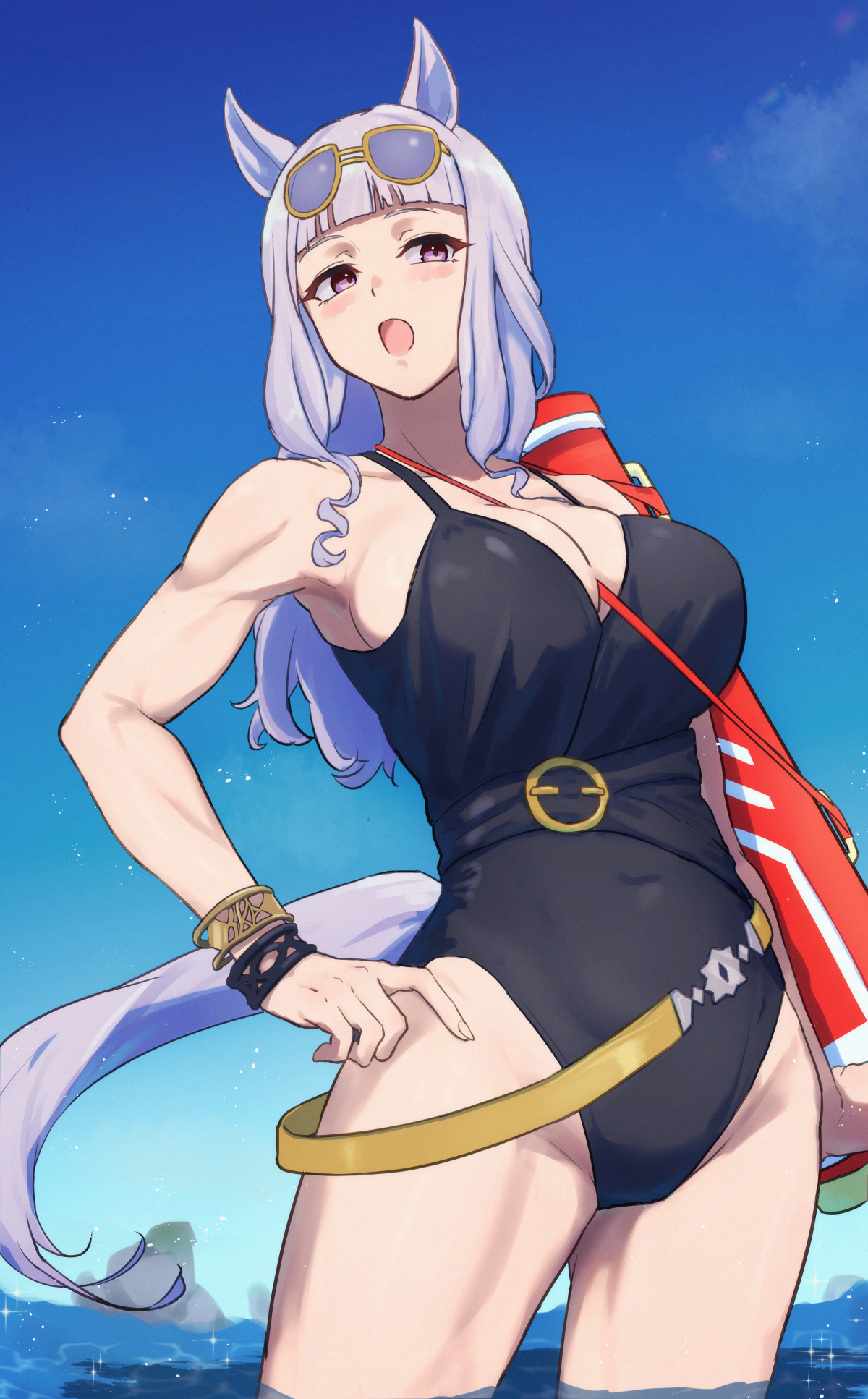 harakomeshi, gold ship (run revolt launcher) (umamusume), gold ship (umamusume), umamusume, commentary request, highres, 1girl, animal ears, black one-piece swimsuit, blue sky, blunt bangs, breasts, casual one-piece swimsuit, cowboy shot, eyewear on head, hand on own hip, horse ears, horse girl, horse tail, large breasts, long hair, official alternate costume, one-piece swimsuit, open mouth, outdoors, purple eyes, sky, solo, standing, swimsuit, tail, tinted eyewear, wading, white hair, yellow-framed eyewear