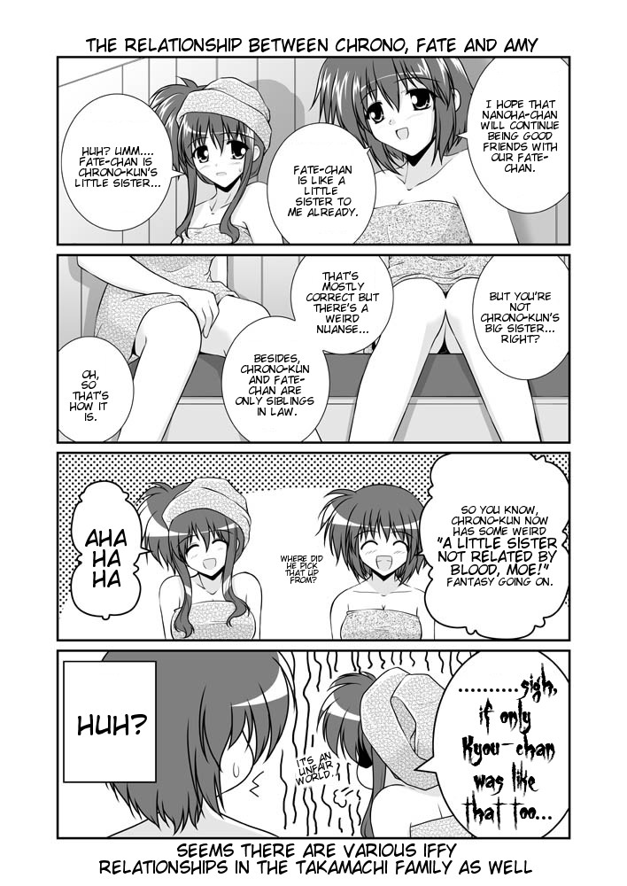 mikage takashi, amy limietta, takamachi miyuki, lyrical nanoha, mahou shoujo lyrical nanoha, mahou shoujo lyrical nanoha a's, hard-translated, third-party edit, translated, 00s, 2girls, 4koma, comic, english text, greyscale, monochrome, multiple girls, naked towel, speech bubble, towel
