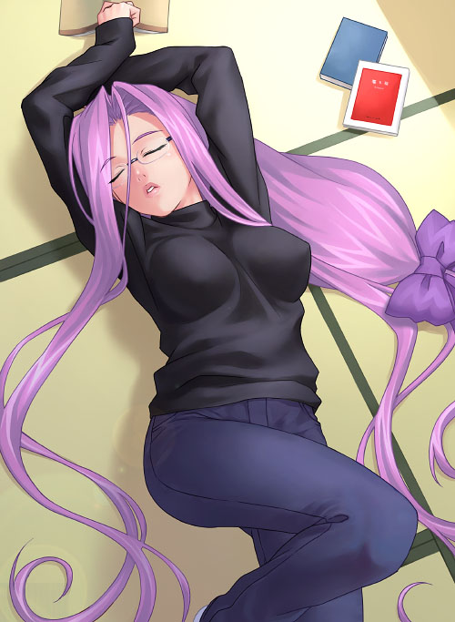 zen, medusa (fate), medusa (rider) (fate), fate/stay night, fate (series), 00s, 1girl, book, casual, closed eyes, female focus, lips, long hair, low-tied long hair, lying, official alternate costume, on back, parted lips, sleeping, solo, tatami, turtleneck, very long hair