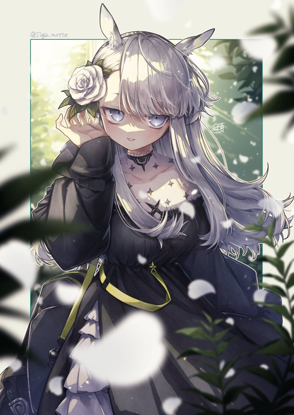 ichi natsu (jiga motte), heavyrain (arknights), heavyrain (tranquil moss) (arknights), arknights, commentary request, highres, 1girl, animal ear fluff, animal ears, black dress, dress, flower, greenhouse, grey hair, hair flower, hair ornament, hairband, long hair, long sleeves, looking at viewer, official alternate costume, plant, purple eyes, rose, solo, striped clothes, striped hairband, twitter username, white flower, white hair, white rose, zebra ears, zebra girl