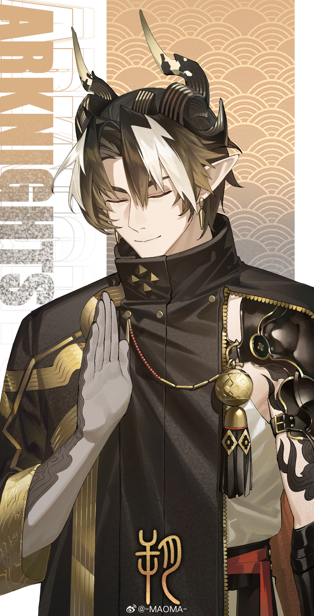 9 vcat, chongyue (arknights), arknights, highres, 1boy, black hair, brown hair, closed eyes, closed mouth, colored extremities, colored skin, english text, facing viewer, hand up, horns, male focus, multicolored hair, pointy ears, short hair, smile, solo, tassel, tattoo, two-tone hair, upper body, watermark, weibo username, weibo watermark, white hair