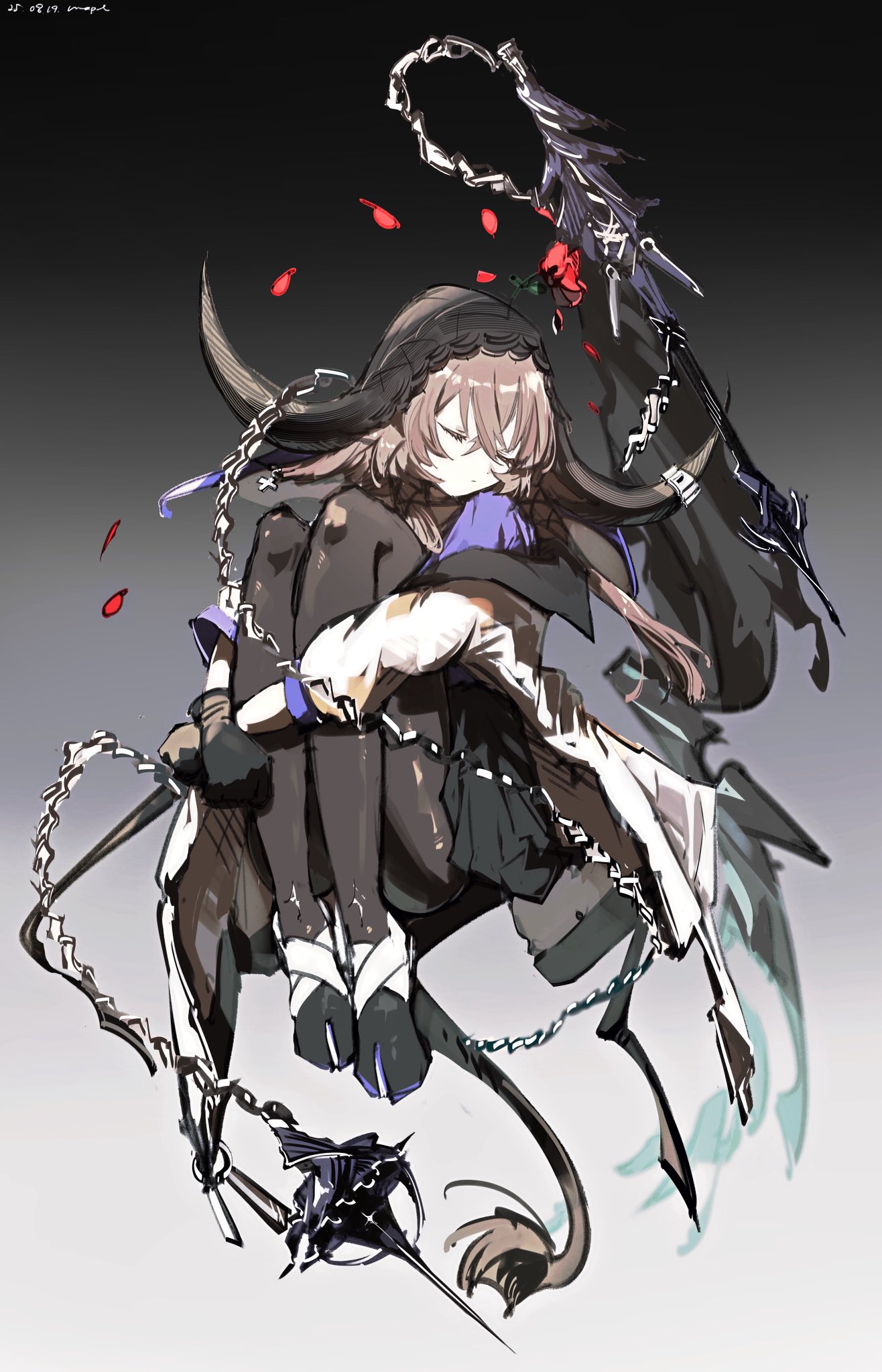 pppmepl, pallas (arknights), arknights, commentary, highres, 1girl, animal ears, black gloves, black pantyhose, brown hair, chain weapon, closed eyes, cow ears, cow girl, cow horns, cow tail, dated, flower, flower on head, gloves, hair between eyes, holding, horns, long hair, pantyhose, petals, purple shirt, red flower, red rose, rose, rose petals, shirt, short hair with long locks, solo, tail, veil