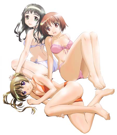 kamiizumi yasuna, kurusu tomari, osaragi hazumu, kashimashi, gender request, 00s, 3girls, bandana, barefoot, bikini, breasts, cleavage, feet, genderswap, genderswap (mtf), legs, multiple girls, side-tie bikini bottom, smile, swimsuit, toes