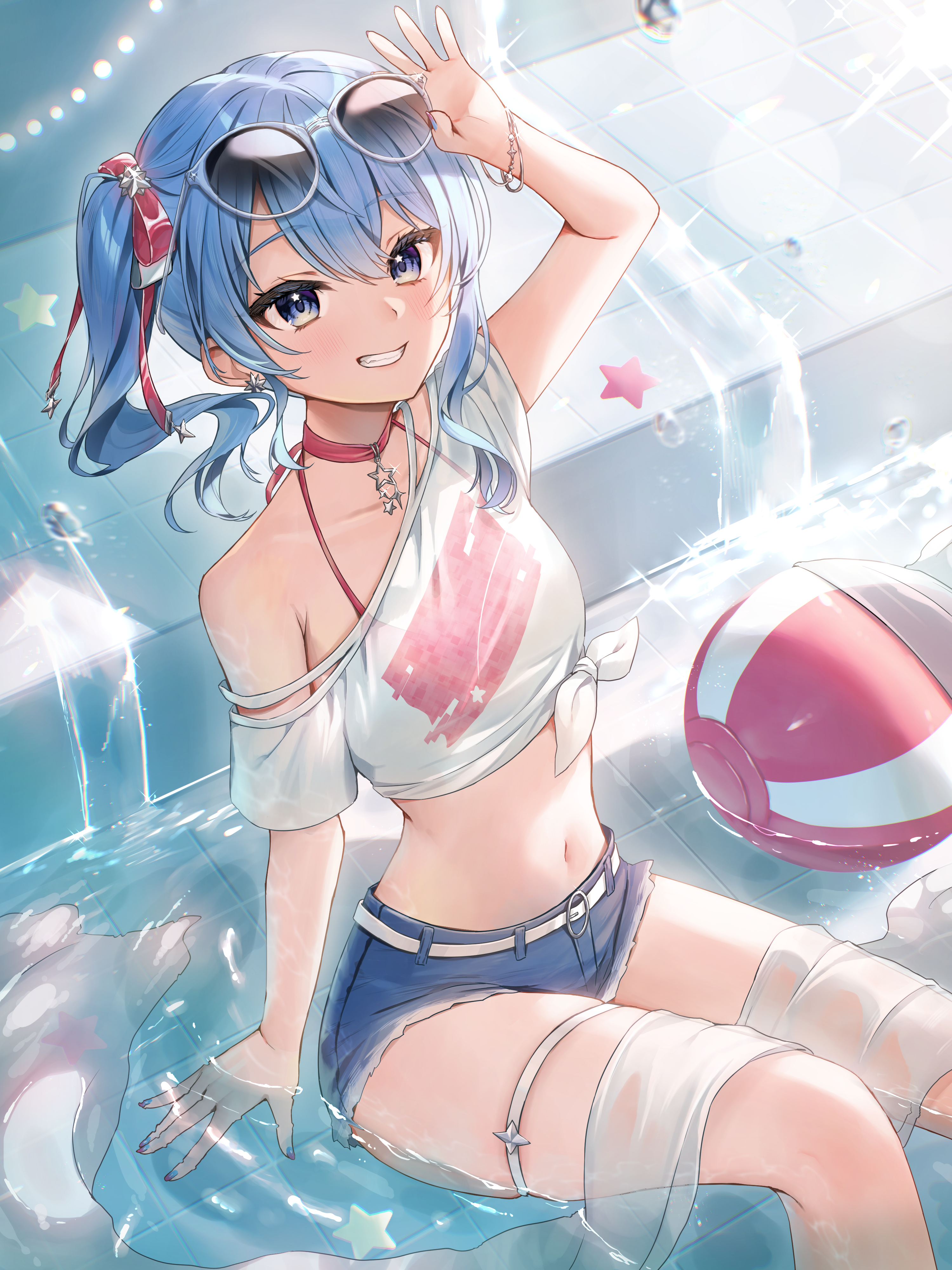 runlan 0329, hoshimachi suisei, hololive, absurdres, commentary request, highres, partial commentary, 1girl, adjusting eyewear, alternate costume, arm up, asymmetrical sidelocks, ball, beachball, belt, bikini, bikini under clothes, blue eyes, blue hair, blue shorts, bracelet, choker, denim, denim shorts, double-parted bangs, earrings, grin, hair between eyes, hair ribbon, halterneck, jewelry, looking at viewer, medium hair, midriff, navel, pink choker, ribbon, shirt, shorts, side ponytail, sidelocks, single off shoulder, sitting, smile, star (symbol), star earrings, star in eye, star pendant, sunglasses, swimsuit, symbol in eye, t-shirt, thigh strap, tied shirt, towel, towel on legs, virtual youtuber, water, white belt, white shirt