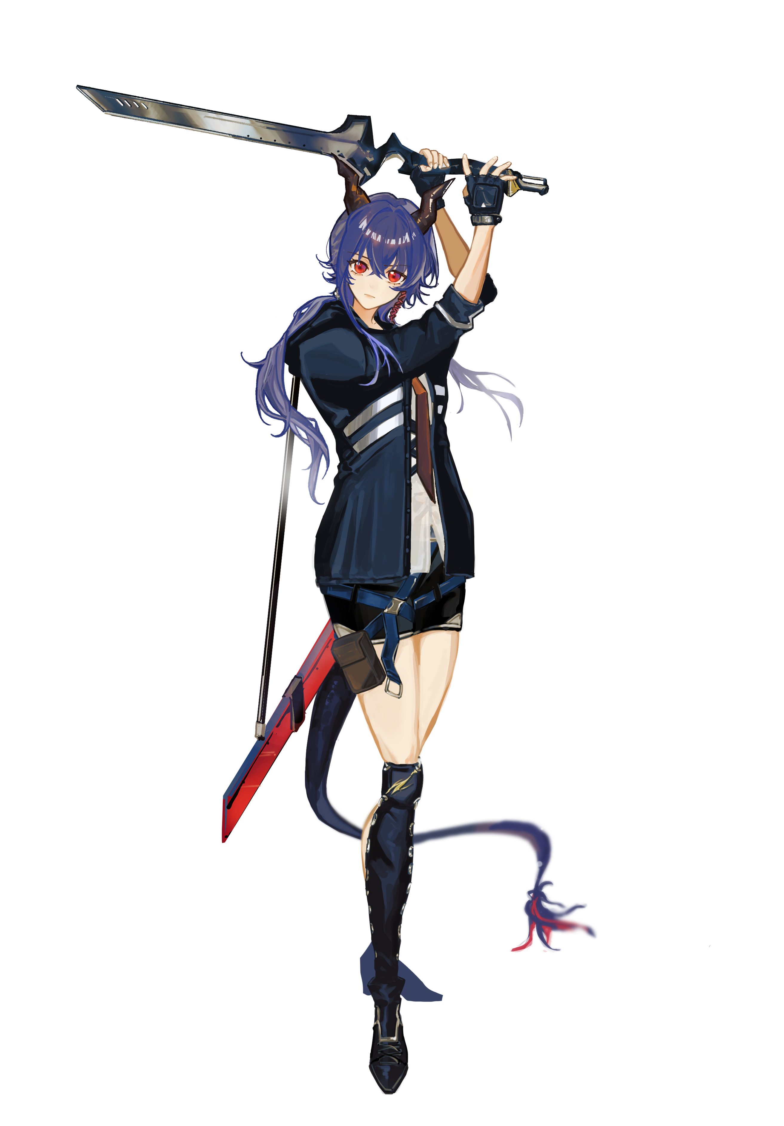 ch'en (arknights), arknights, absurdres, commentary request, highres, 1girl, black gloves, black shorts, blue hair, dragon girl, dragon horns, dragon tail, expressionless, fingerless gloves, full body, gloves, hair between eyes, holding, holding sword, holding weapon, horns, lois (user gdtm7844), long hair, looking at viewer, red eyes, scabbard, sheath, shirt, shorts, simple background, solo, standing, sword, tail, weapon, white background