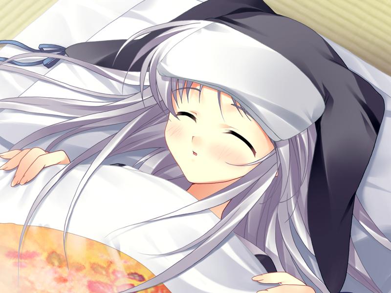 nanao naru, nanashi no shoujo, ar forgotten summer, game cg, 1girl, bed, blush, closed eyes, female focus, hat, purple hair, sleeping, solo