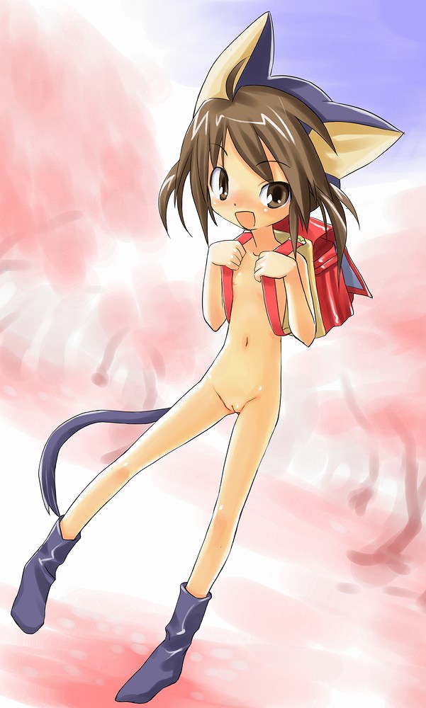 tatata, character request, copyright request, source request, 1girl, animal ears, backpack, bag, brown eyes, brown hair, cat ears, cat tail, cleft of venus, feet, female focus, flat chest, loli, nipples, nude, outdoors, pussy, randoseru, skinny, socks, solo, tail, zenra