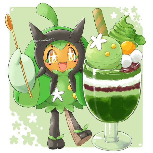 aimi (aimia492), ogerpon, nintendo, pokemon, commentary request, cup, fangs, food, holding, holding spoon, ice cream, ice cream cup, ice cream spoon, matcha parfait, multiple scoops, open mouth, pokemon (creature), smile, spoon, star-shaped pupils, star (symbol), symbol-shaped pupils, yellow eyes