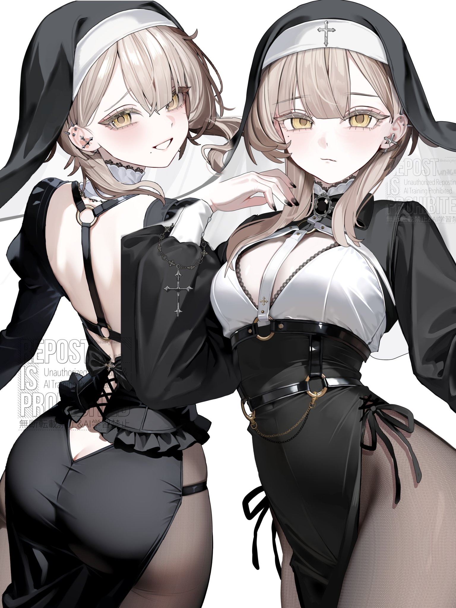 akadajohnson02, original, commentary request, highres, 2girls, ass, back, backless dress, backless outfit, black dress, black nails, black pantyhose, black veil, brown eyes, brown hair, butt crack, chest harness, closed mouth, coif, colored eyelashes, cowboy shot, cross piercing, dress, ear piercing, expressionless, eyebrows hidden by hair, grin, hair between eyes, hand up, harness, long hair, long sleeves, looking at viewer, mole, mole under eye, multiple girls, nail polish, nun, o-ring, pantyhose, parted bangs, piercing, raised inner eyebrows, siblings, side slit, sisters, smile, standing, veil, watermark