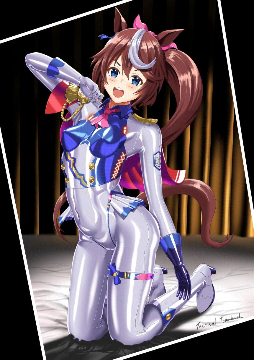 tomahawk (nagarebosi8492), tokai teio (umamusume), umamusume, highres, 1girl, adapted costume, animal ears, artist name, ascot, asymmetrical gloves, black gloves, blue eyes, blue gloves, bodysuit, boots, bow, breasts, brown hair, cape, capelet, cosplay, covered navel, epaulettes, full body, gloves, hair flaps, high heel boots, high heels, high ponytail, horse ears, horse girl, horse tail, knee boots, kneeling, latex, long hair, looking at viewer, mismatched gloves, multicolored hair, open mouth, pink ascot, pink bow, ponytail, shiny clothes, signature, single epaulette, skin tight, small breasts, smile, solo, streaked hair, tail, teeth, two-tone hair, upper teeth only, watermark, white bodysuit, white gloves, white hair