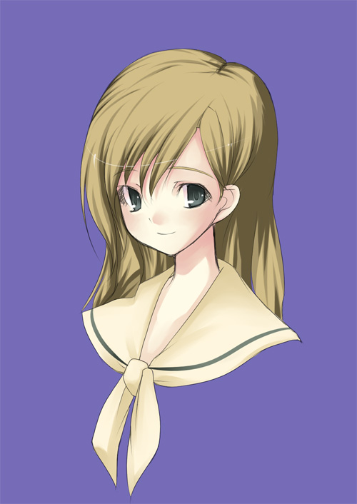 nakamura kusata, toudou shimako, maria-sama ga miteru, 00s, 1girl, asymmetrical bangs, brown hair, closed mouth, female focus, green eyes, long hair, looking at viewer, neckerchief, portrait, purple background, sailor collar, simple background, smile, solo, straight hair, upper body, white neckerchief, yellow neckerchief