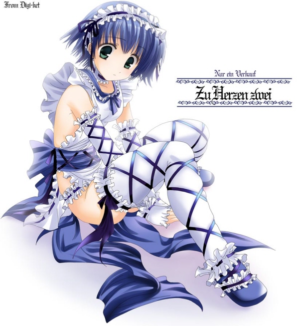 namamo nanase, tonami yuma, to heart (series), to heart 2, 00s, 1girl, apron, elbow gloves, female focus, full body, gloves, maid, maid apron, naked apron, sitting, skindentation, solo, thighhighs, white background
