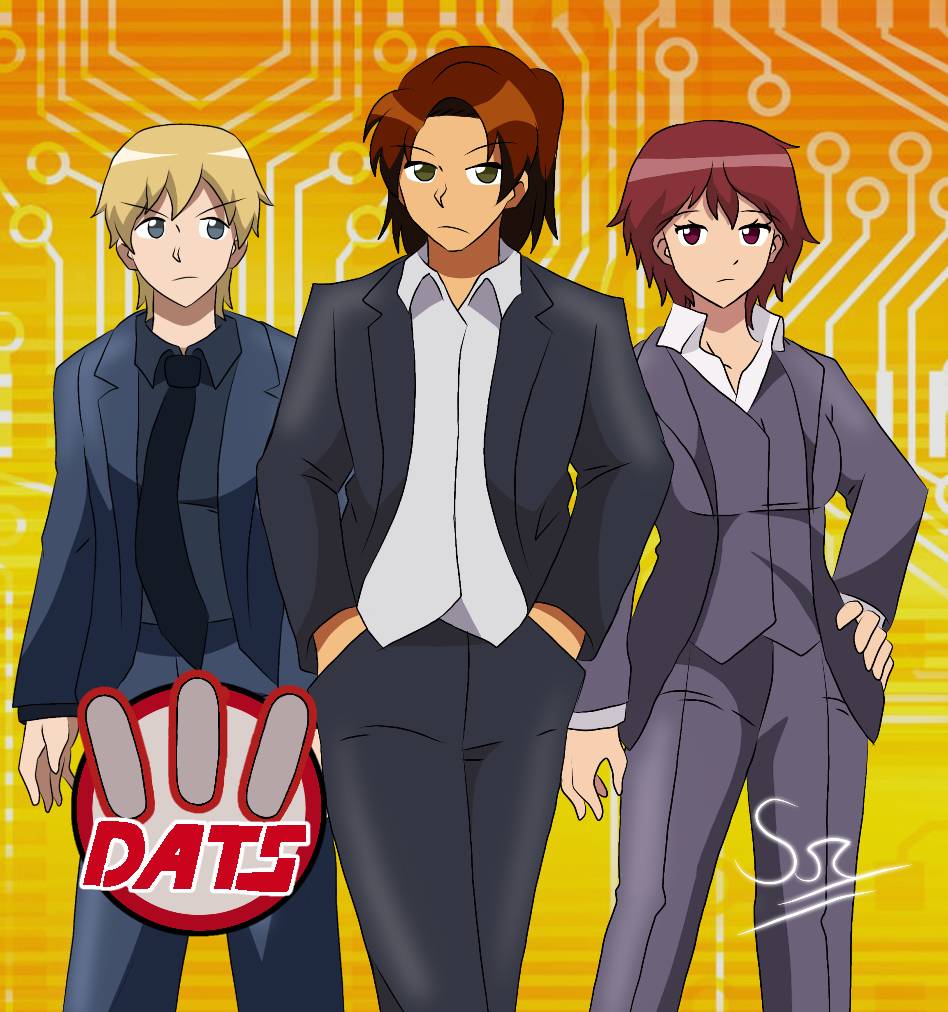 daimon masaru (digimon savers), fujieda yoshino, thoma h. norstein, digimon, digimon savers, 1girl, 2boys, expressionless, formal clothes, looking at viewer, multiple boys, necktie, short hair, srshadow5536, suit