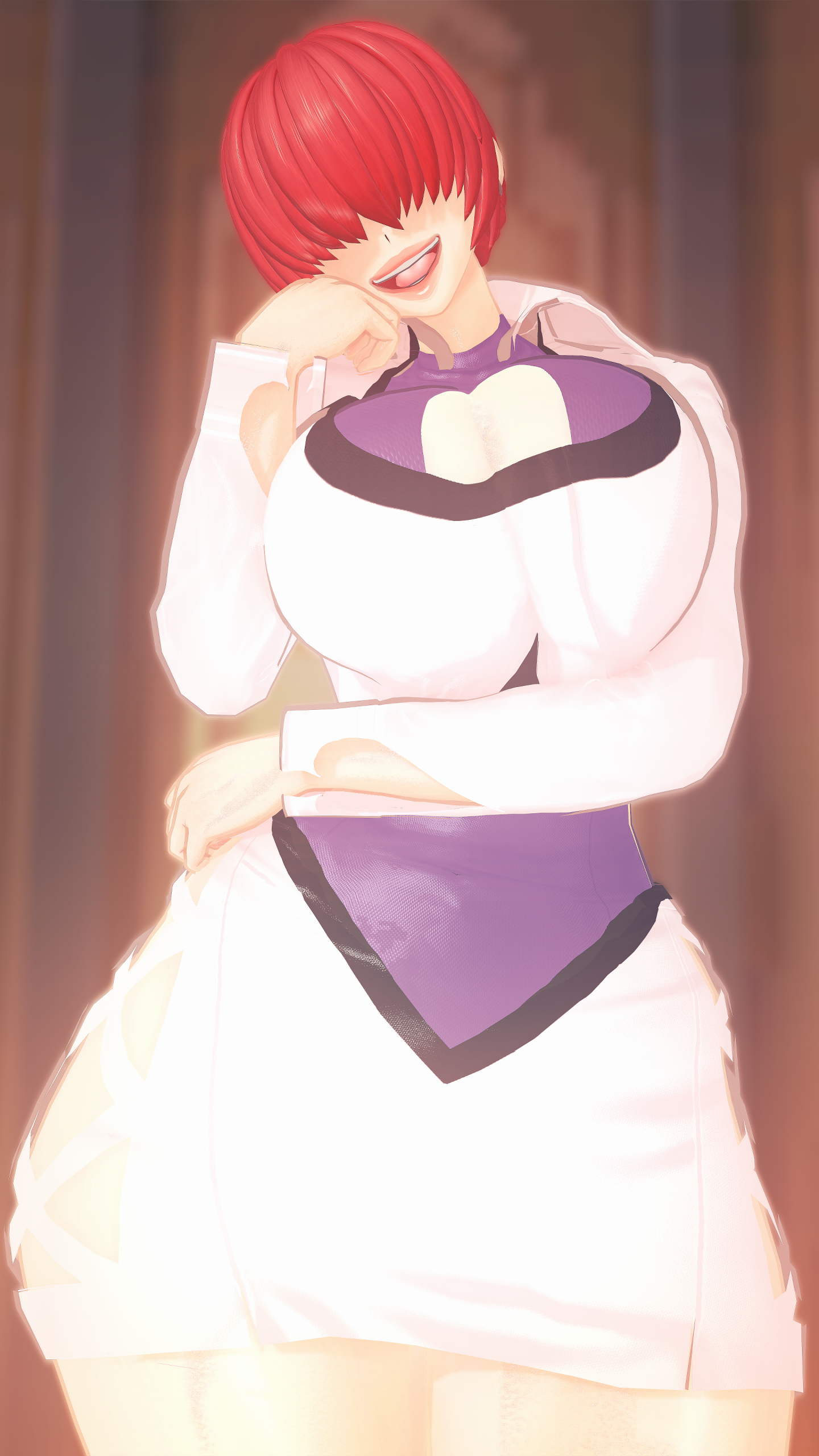shermie (kof), the king of fighters, 1girl, breasts, cleavage, cleavage cutout, clothing cutout, curvy, dress, female focus, fishnets, hand up, huge breasts, jacket, kiminodonuts, large breasts, long hair, open mouth, pale skin, red hair, shiny clothes, skirt, smile, smiley face, thick lips, thick thighs, thighs, wide hips