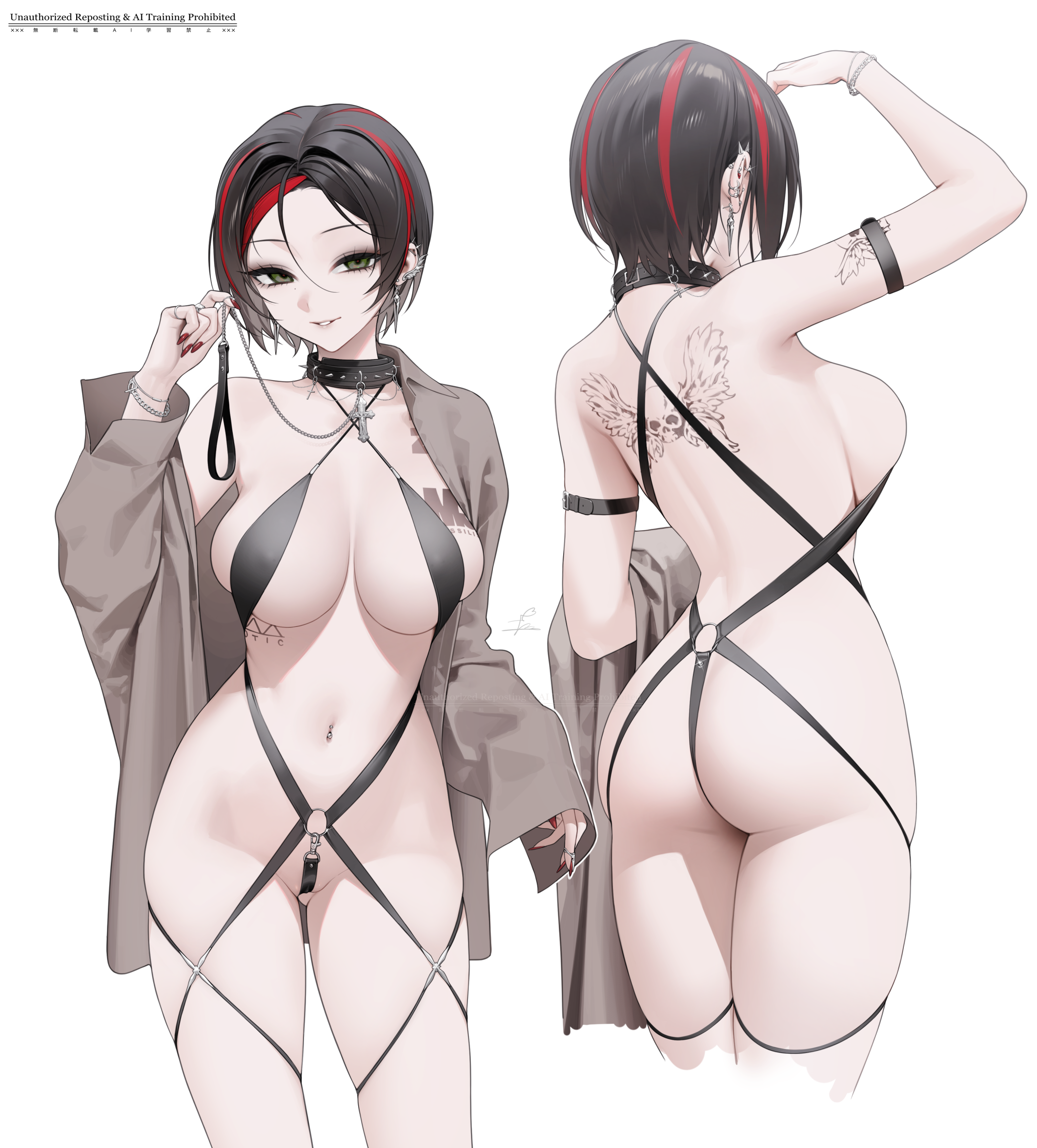 ohisashiburi, crow (nikke), nikki (series), highres, 1girl, ass, black hair, breasts, collar, ear piercing, earrings, holding, holding leash, jacket, jewelry, large breasts, leash, looking at viewer, multicolored hair, multiple views, open clothes, open jacket, piercing, red hair, short hair, simple background, solo, white background