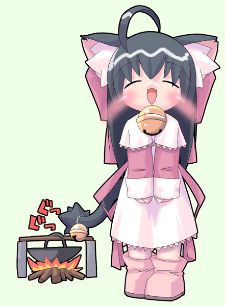 1girl, ahoge, animal ears, bell, black hair, blush, cat ears, cat tail, fang, female focus, fire, open mouth, solo, tail, tail bell, tail ornament