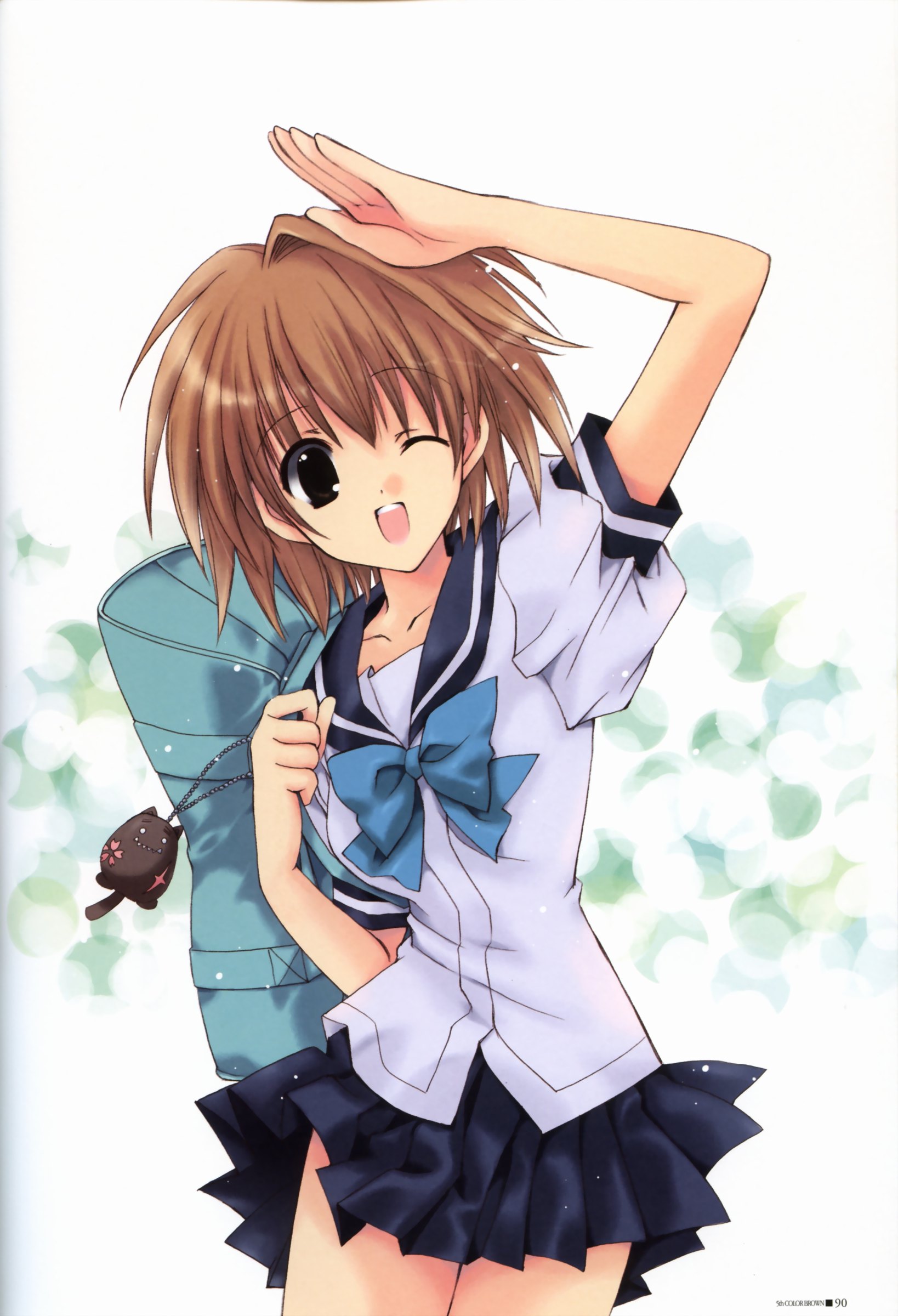 nanase aoi, seven colors of the wind, absurdres, highres, 1girl, bag, bag charm, bow, cat, charm (object), sailor collar, school uniform, serafuku