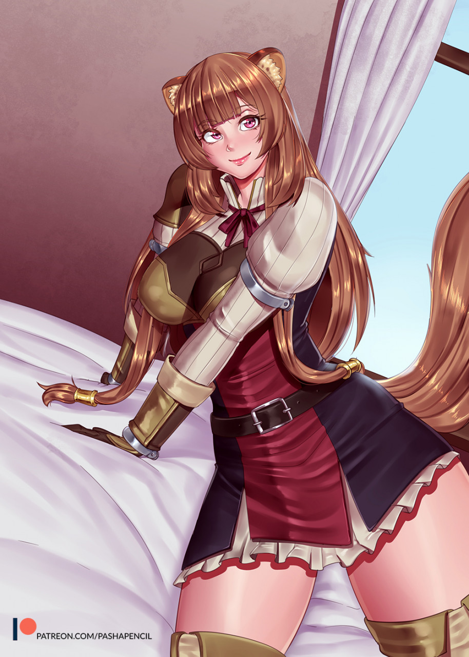 pashapencil, raphtalia, tate no yuusha no nariagari, commentary, english commentary, highres, paid reward available, 1girl, animal ear fluff, animal ears, armor, armored gloves, artist name, belt, black dress, blunt bangs, boots, breastplate, breasts, brown belt, brown boots, brown gloves, brown hair, closed mouth, collared dress, cowboy shot, dress, dutch angle, elbow gloves, gloves, high collar, indoors, large breasts, layered dress, leather armor, lips, long hair, long sleeves, looking at viewer, metal arm cuffs, metal hair tubes, metal wrist cuffs, neck ribbon, on bed, patreon logo, patreon username, pauldrons, pink eyes, pleated dress, raccoon ears, raccoon girl, raccoon tail, red dress, red ribbon, ribbon, short dress, shoulder armor, single pauldron, sleeveless, sleeveless dress, smile, solo, striped clothes, striped dress, tail, thick thighs, thigh boots, thighs, two-tone dress, vertical-striped clothes, vertical-striped dress, watermark, web address, white dress, window