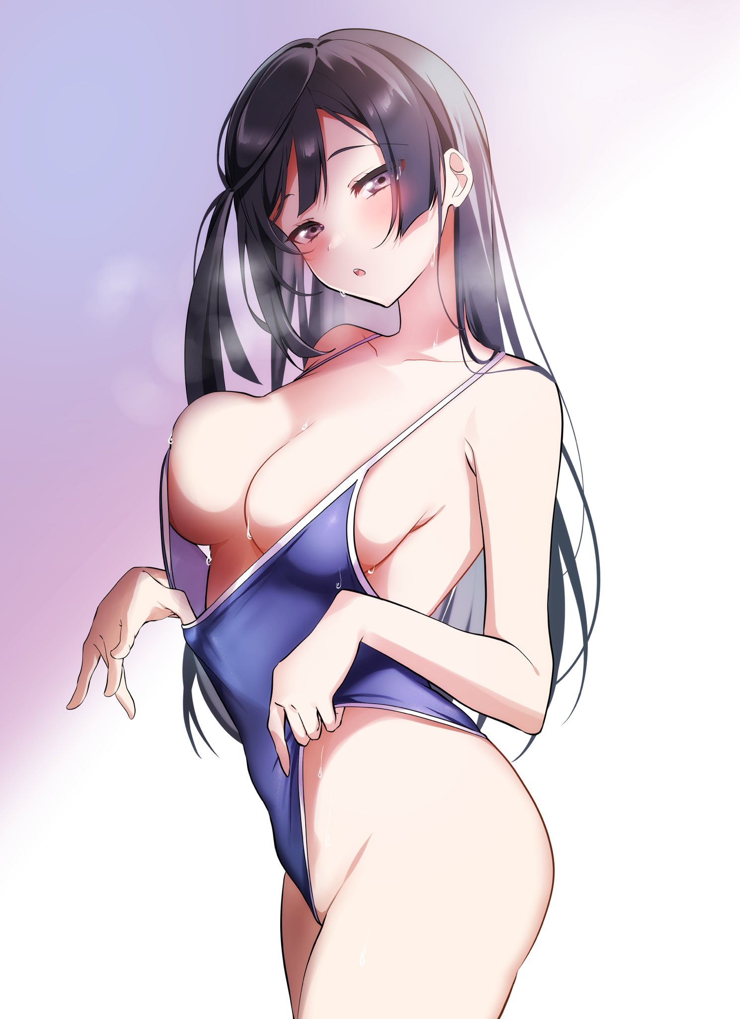 mei hinamatsu, yuki setsuna, love live!, love live! nijigasaki high school idol club, commentary request, highres, 1girl, black eyes, blue one-piece swimsuit, blush, breasts, clothes pull, cowboy shot, greyscale, head tilt, heavy breathing, large breasts, looking at viewer, monochrome, one-piece swimsuit, one-piece swimsuit pull, one side up, open mouth, pulling own clothes, self wedgie, skindentation, solo, swimsuit, thighs, wedgie, wet