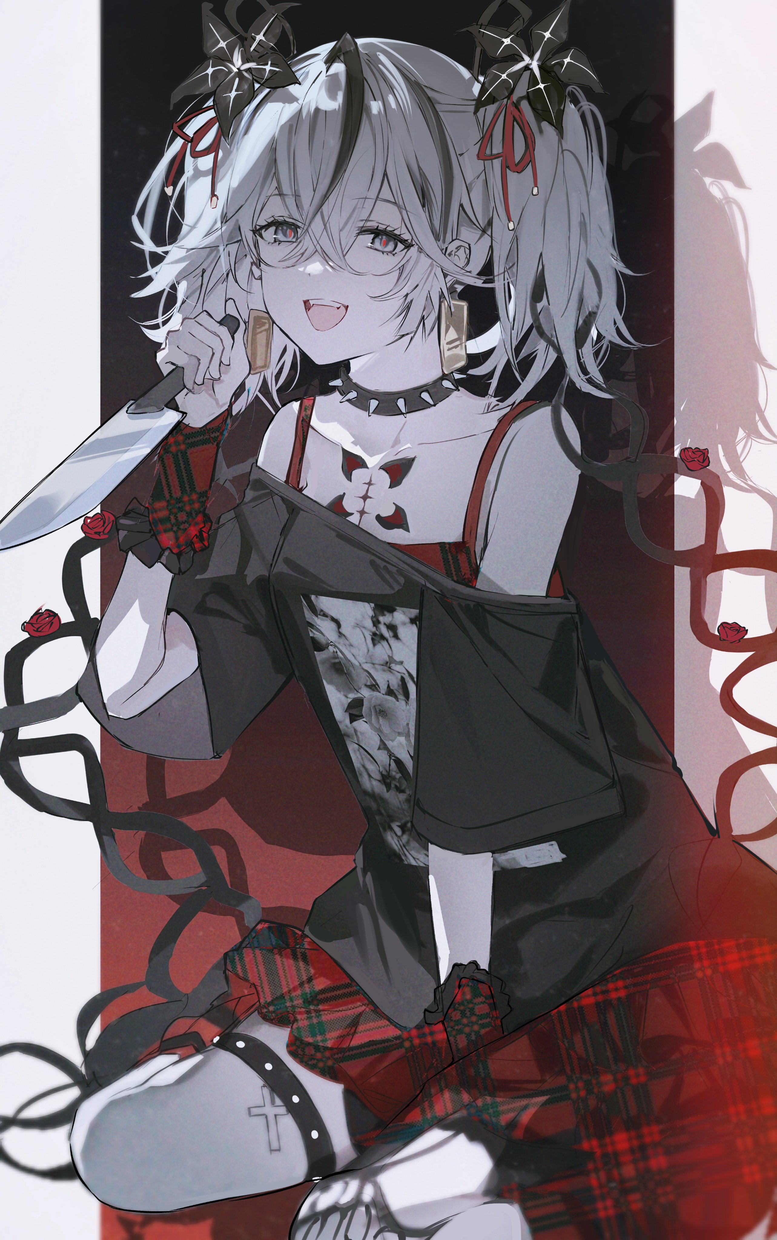 hikaku (siyrgr), camellya (wuthering waves), wuthering waves, absurdres, commentary, highres, 1girl, alternate costume, bare shoulders, black flower, black shirt, blake bloom (wuthering waves), breasts, choker, collarbone, earrings, emo fashion, flower, gold earrings, grey eyes, hair between eyes, hair flower, hair ornament, hair ribbon, hair vines, holding, holding knife, jewelry, knife, looking at viewer, off shoulder, open mouth, plaid clothes, plaid skirt, red pupils, red ribbon, red skirt, ribbon, shirt, short hair, short twintails, sitting, skirt, small breasts, smile, solo, spiked choker, spikes, tacet mark (wuthering waves), thigh strap, twintails