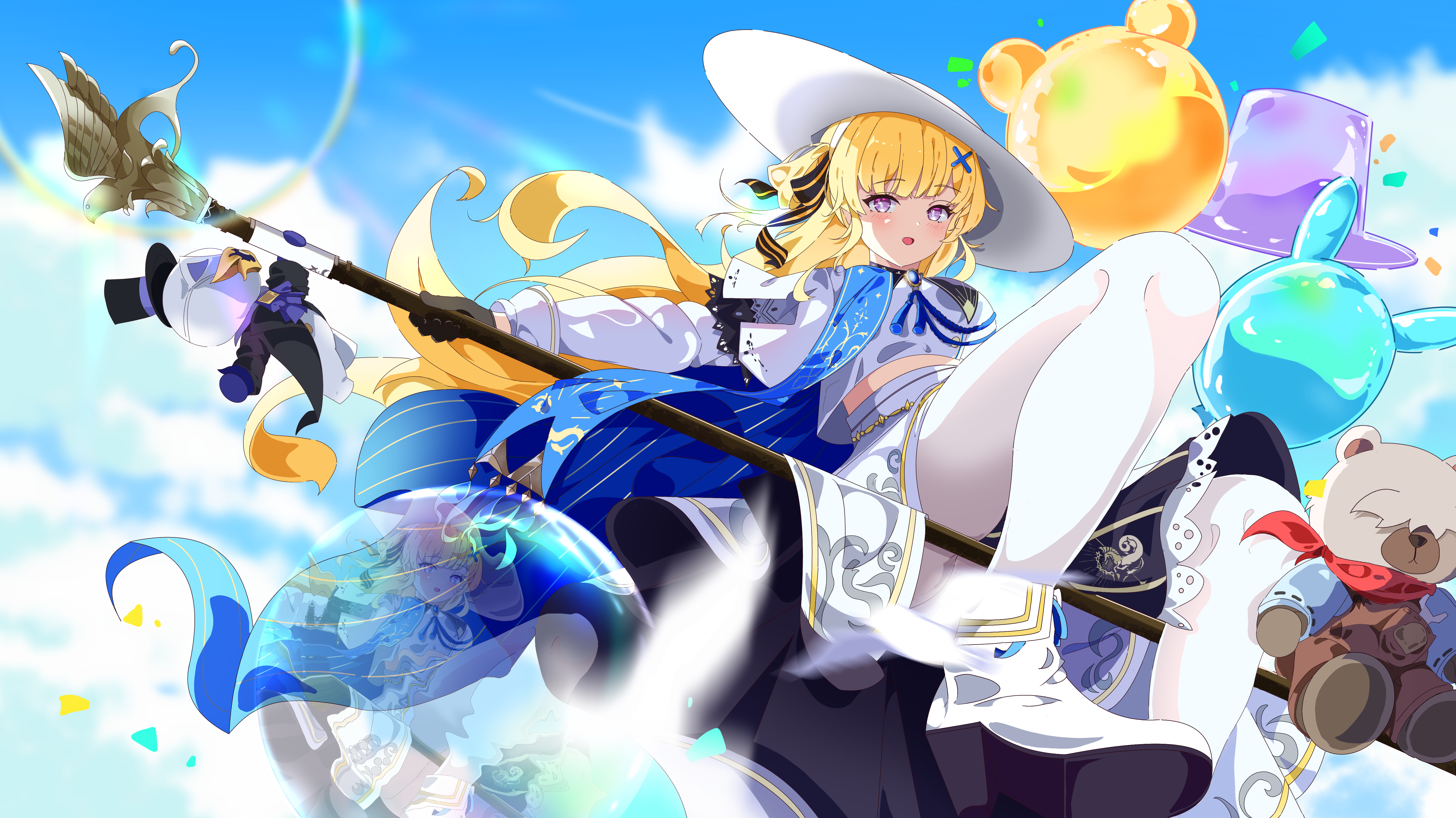 phoebe (wuthering waves), wuthering waves, absurdres, highres, 1girl, black bow, black collar, black gloves, blonde hair, blue sash, blue sky, boots, bow, breasts, collar, day, gloves, hair bow, hair ornament, hat, high-waist skirt, light blush, long hair, long sleeves, looking at viewer, medium breasts, missing commentary, open mouth, outdoors, pantyhose, purple eyes, qianbihezhong, sash, shirt, skirt, sky, solo, staff, striped bow, tacet discord (wuthering waves), very long hair, white boots, white hat, white pantyhose, white shirt, white skirt, x hair ornament