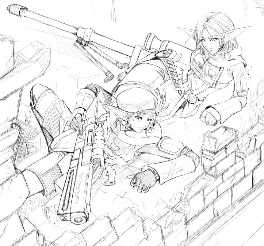 elvaan, ranger, final fantasy, final fantasy xi, sniper, 00s, assault rifle, elf, greyscale, gun, monochrome, pointy ears, rifle, sniper rifle, weapon
