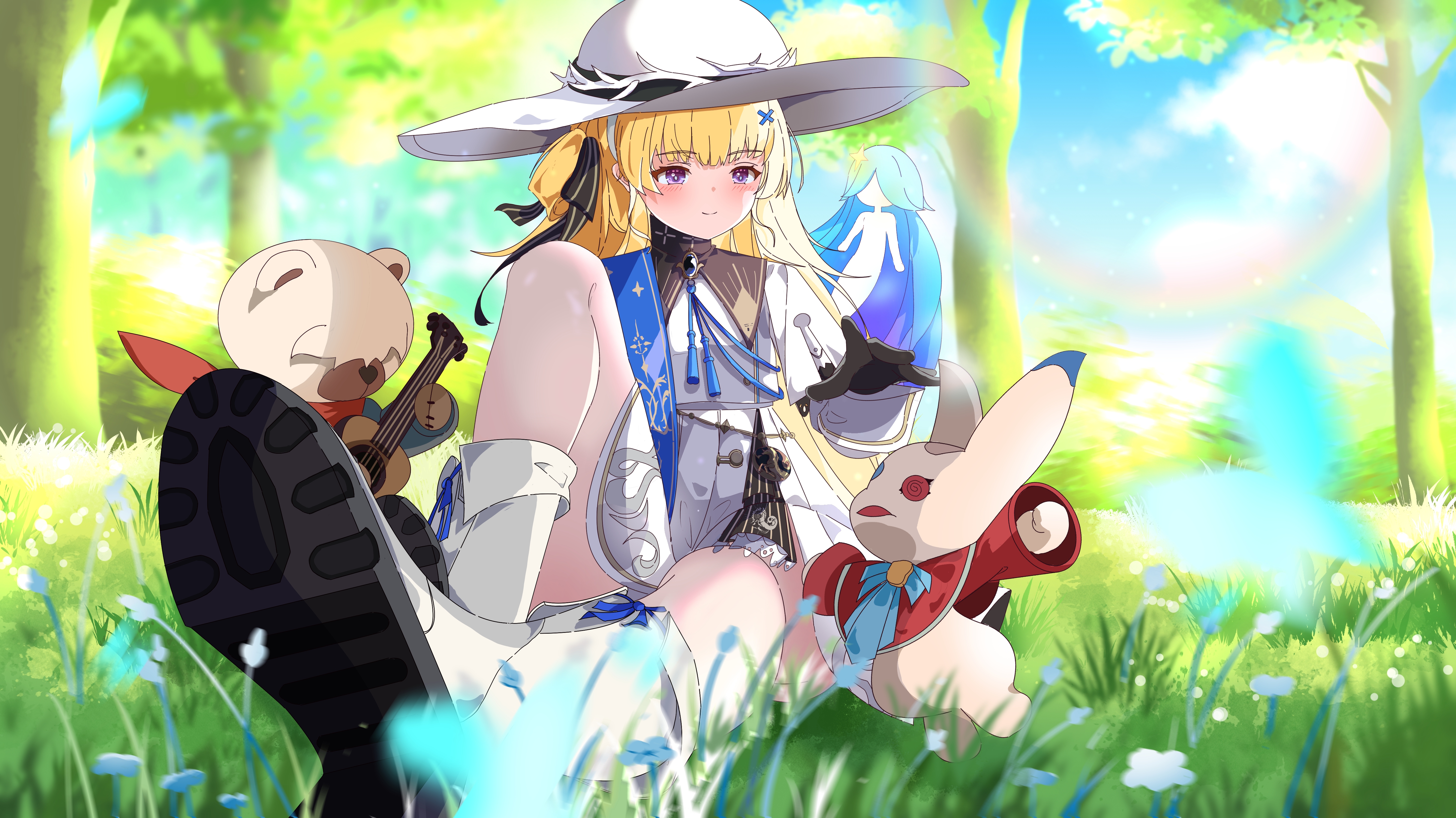 phoebe (wuthering waves), wuthering waves, absurdres, highres, 1girl, black bow, black collar, black gloves, blue sash, boots, bow, closed mouth, collar, gloves, hair bow, hair ornament, hat, high-waist skirt, knee up, long sleeves, missing commentary, nimbus wraith (wuthering waves), on grass, outdoors, pantyhose, purple eyes, qianbihezhong, sash, shirt, sitting, skirt, smile, solo, striped bow, tacet discord (wuthering waves), white boots, white hat, white pantyhose, white shirt, white skirt, x hair ornament