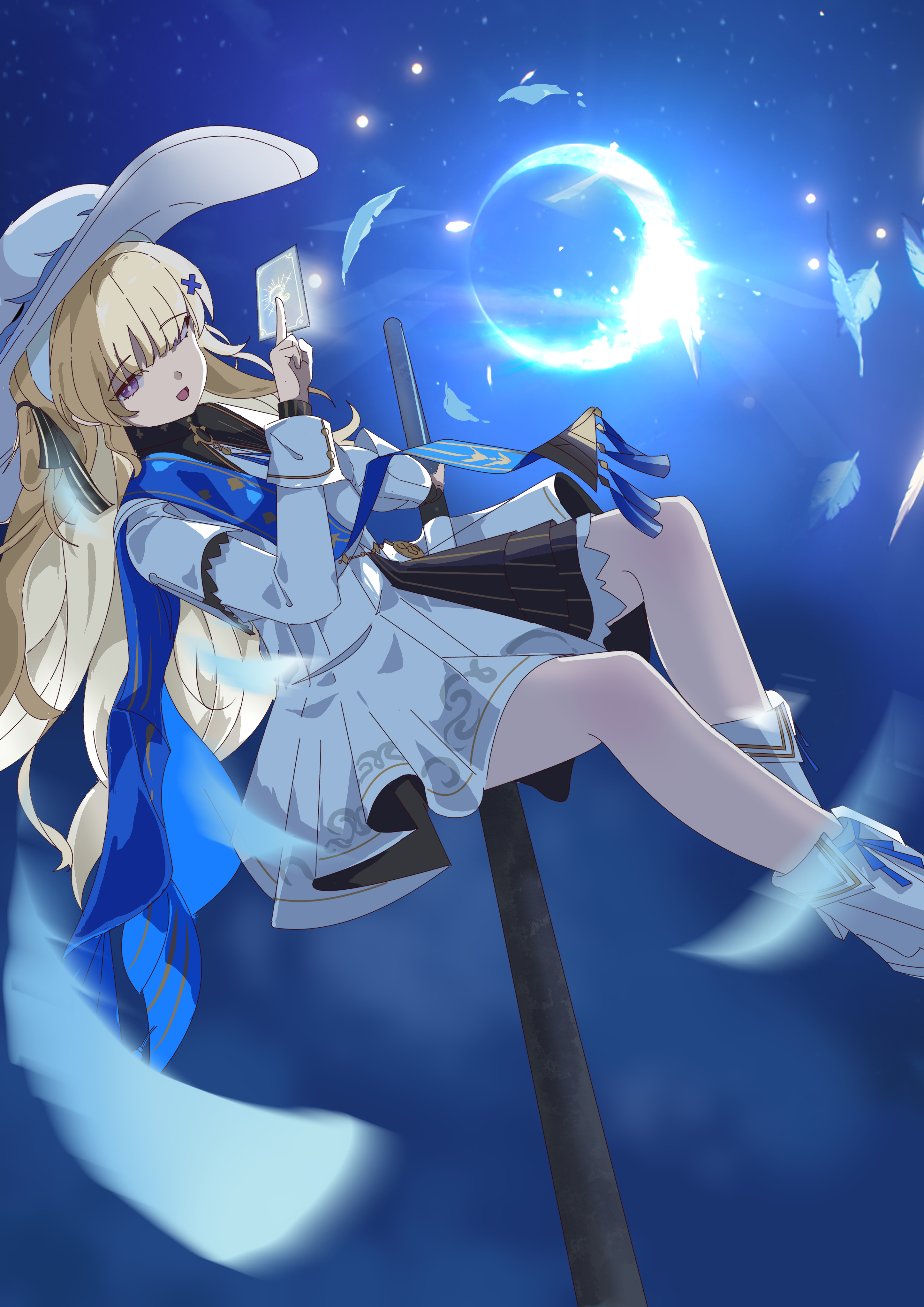phoebe (wuthering waves), wuthering waves, absurdres, highres, 1girl, black bow, black collar, blonde hair, blue feathers, blue sash, boots, bow, card, collar, feathers, hair bow, hair ornament, hat, high-waist skirt, holding, holding card, holding staff, long hair, long sleeves, looking at viewer, missing commentary, night, night sky, no gloves, open mouth, pantyhose, purple eyes, qianbihezhong, sash, shirt, skirt, sky, smile, solo, staff, striped bow, very long hair, white boots, white hat, white pantyhose, white shirt, white skirt, x hair ornament