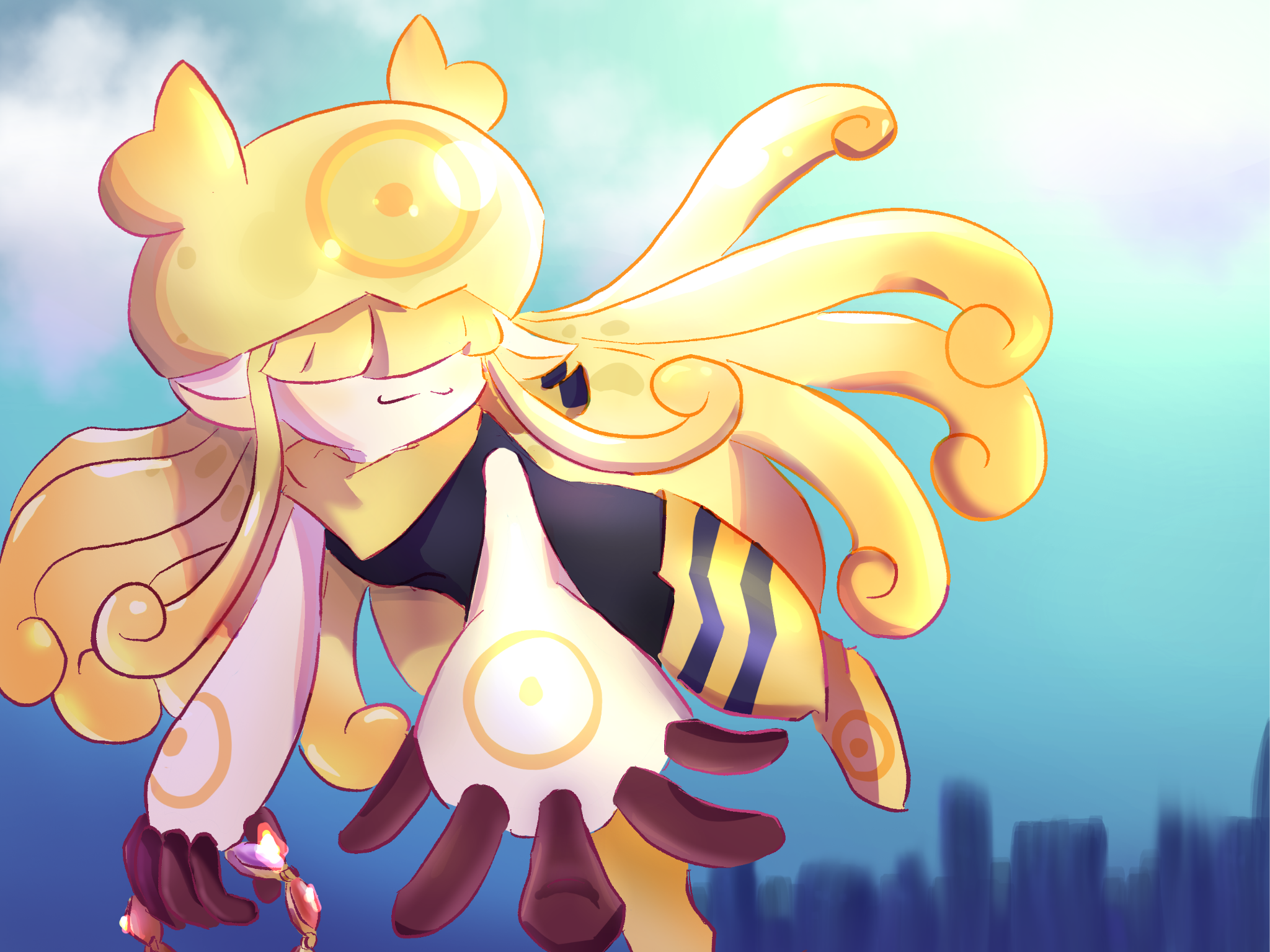 tezuze, jellymon, digimon, original, digimon (creature), jellyfish girl, monster girl, tentacle hair, tentacles