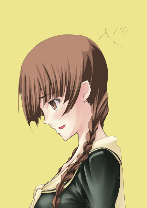 nakamura kusata, shimazu yoshino, maria-sama ga miteru, 00s, 1girl, braid, breasts, brown eyes, brown hair, collarbone, female focus, from side, long hair, parted lips, school uniform, serafuku, simple background, small breasts, solo, twin braids, twintails, upper body, yellow background