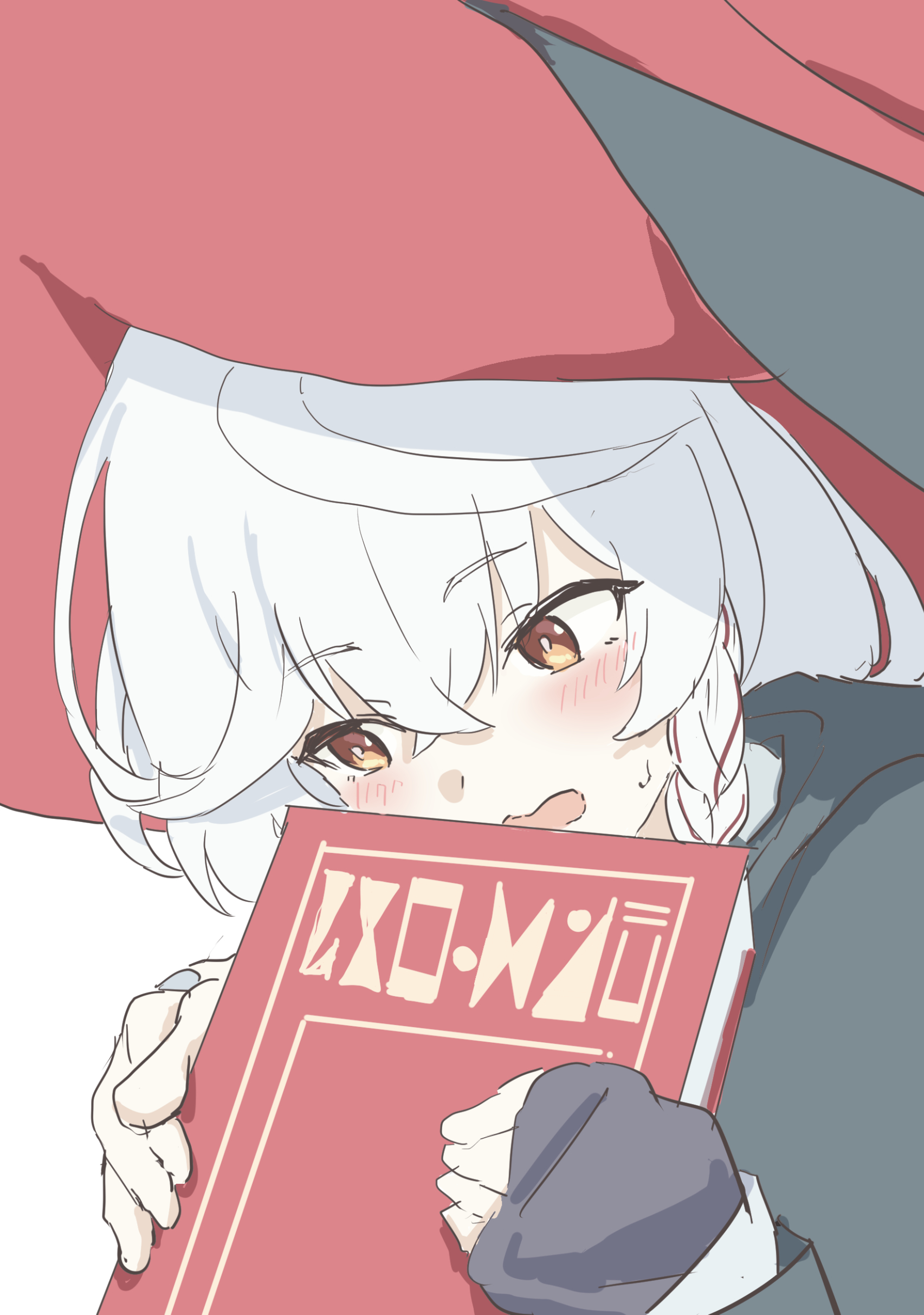 eri (blue archive), blue archive, averting eyes, blush, book, bow, bowtie, braid, halo, hat, holding, holding book, jacket, long coat, long hair, panties, shirt, skirt, sleeves past wrists, sweater, underwear, upper body, white hair, witch hat