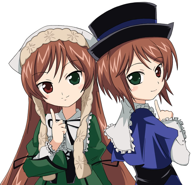 ixy, souseiseki, suiseiseki, rozen maiden, 00s, 2girls, brown hair, hat, headscarf, heterochromia, long hair, multiple girls, short hair, siblings, sisters, twins, white headscarf
