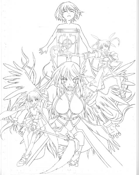 mikage nao, bardiche (nanoha), fate testarossa, raising heart, reinforce, reinforce zwei, takamachi nanoha, tome of the night sky, yagami hayate, lyrical nanoha, mahou shoujo lyrical nanoha, mahou shoujo lyrical nanoha a's, eyebrows, 00s, 4girls, arm belt, armor, belt, book, cape, closed eyes, facepaint, fingerless gloves, gloves, greyscale, hair ornament, hair ribbon, holding, holding weapon, jacket, lance, leg belt, lineart, long hair, looking at viewer, magazine (weapon), magical girl, monochrome, multiple girls, open clothes, open jacket, polearm, ribbon, rod, skirt, staff, too many, too many belts, twintails, very long hair, waist cape, weapon, winged hair ornament, wings, x hair ornament