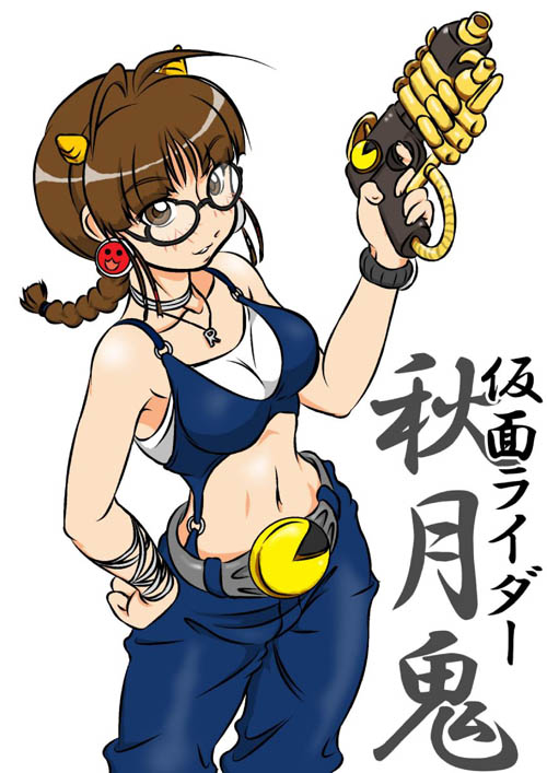 akizuki ritsuko, kamen rider hibiki, kamen rider ibuki, idolmaster, idolmaster (classic), idolmaster 1, kamen rider, kamen rider hibiki (series), 1girl, ahoge, antenna hair, armpits, belt, braid, breasts, brown eyes, brown hair, choker, cool & sexy (idolmaster), cosplay, earrings, female focus, glasses, gun, handgun, horns, jewelry, navel, necklace, oni, pistol, simple background, smile, solo, twin braids, weapon