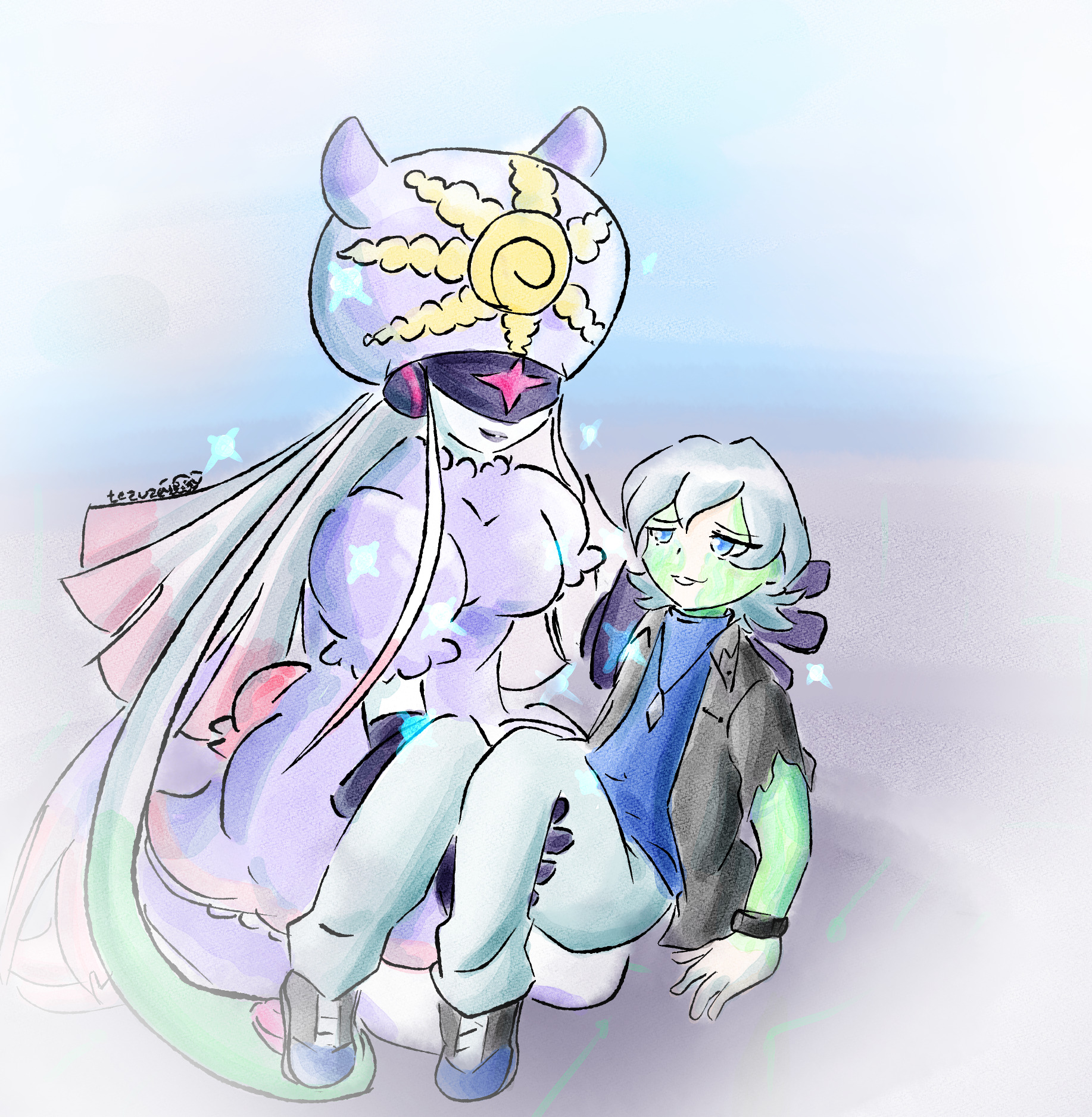 tezuze, higashimitarai kiyoshiro, thetismon, digimon, digimon ghost game, digimon (creature), jellyfish girl, mask, monster girl, tentacle hair, tentacles