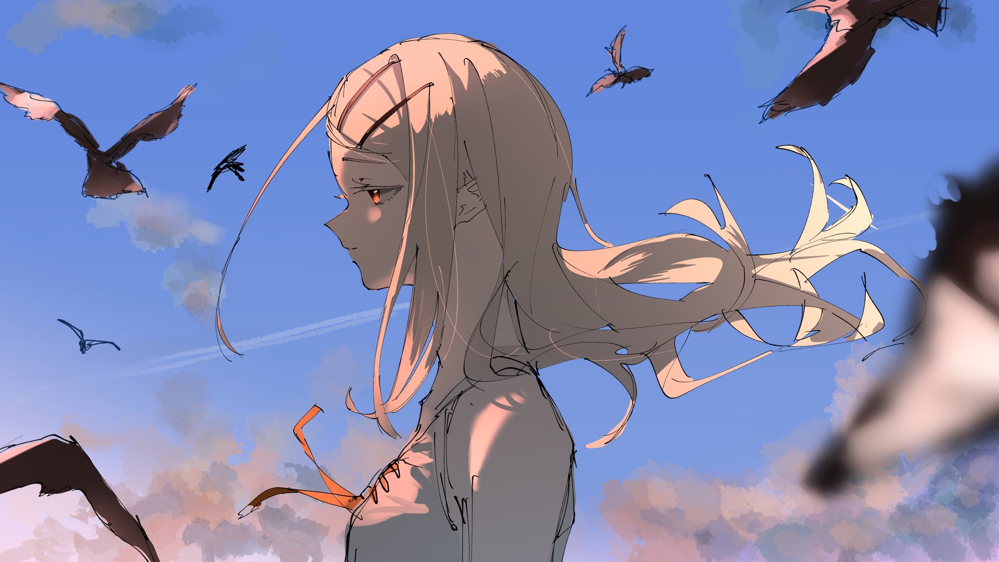 3 sai, shinosawa hiro, gakuen idolmaster, idolmaster, highres, 1girl, blonde hair, blue sky, closed mouth, cloud, day, expressionless, floating hair, from side, grey shirt, hair ornament, hairclip, long hair, long sidelocks, orange eyes, outdoors, shirt, sidelocks, simple bird, sketch, sky, sleeveless, sleeveless shirt, solo, sunlight, upper body