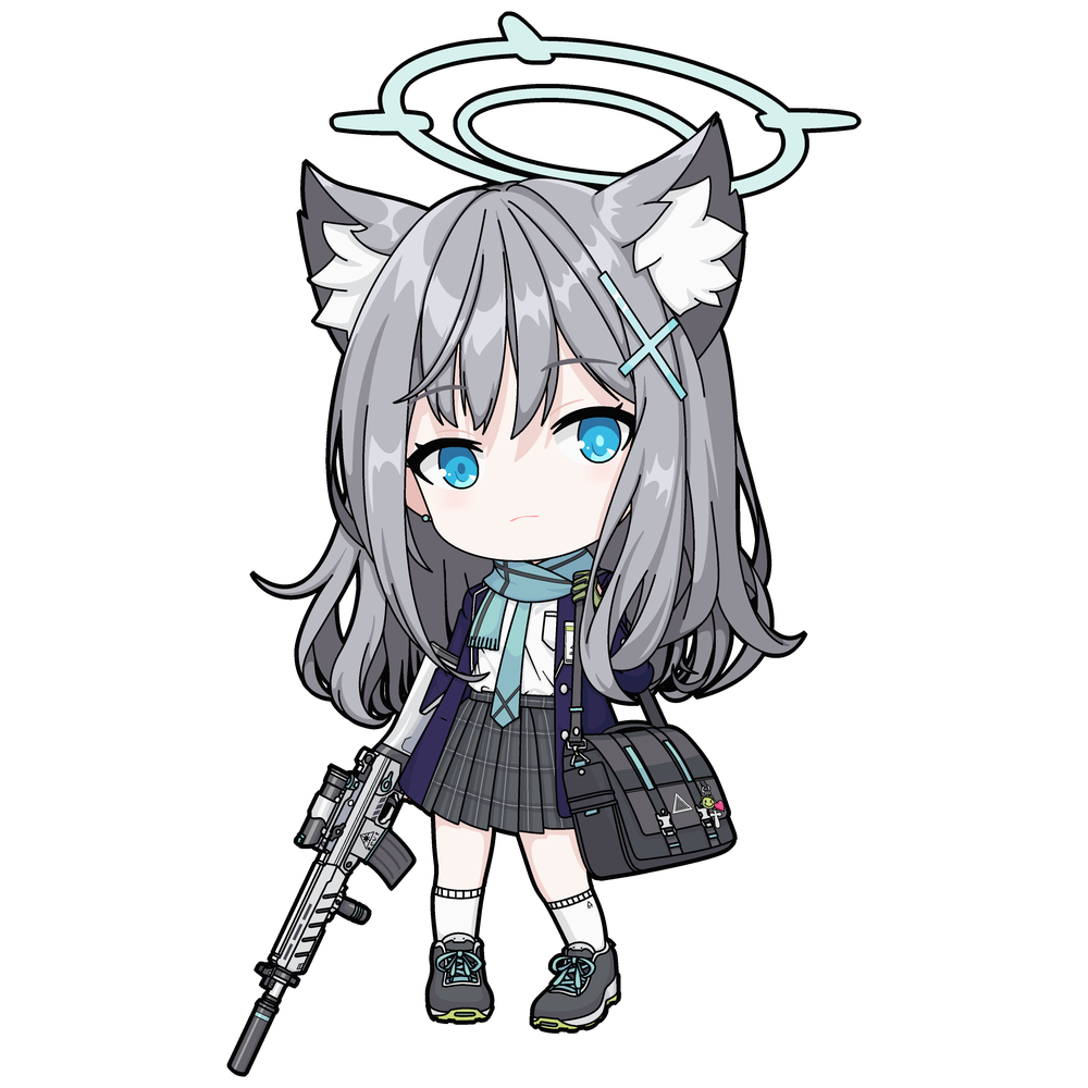 one-take, shiroko (blue archive), blue archive, 1girl, animal ear fluff, animal ears, assault rifle, blue eyes, blue halo, blue scarf, chibi, cross, cross hair ornament, extra ears, gloves, green gloves, grey hair, grey skirt, gun, hair ornament, halo, inverted cross, long hair, long sleeves, looking at viewer, miniskirt, mismatched pupils, plaid clothes, plaid skirt, pleated skirt, rifle, scarf, sig sauer 556, skirt, solo, weapon, wolf ears, wolf girl